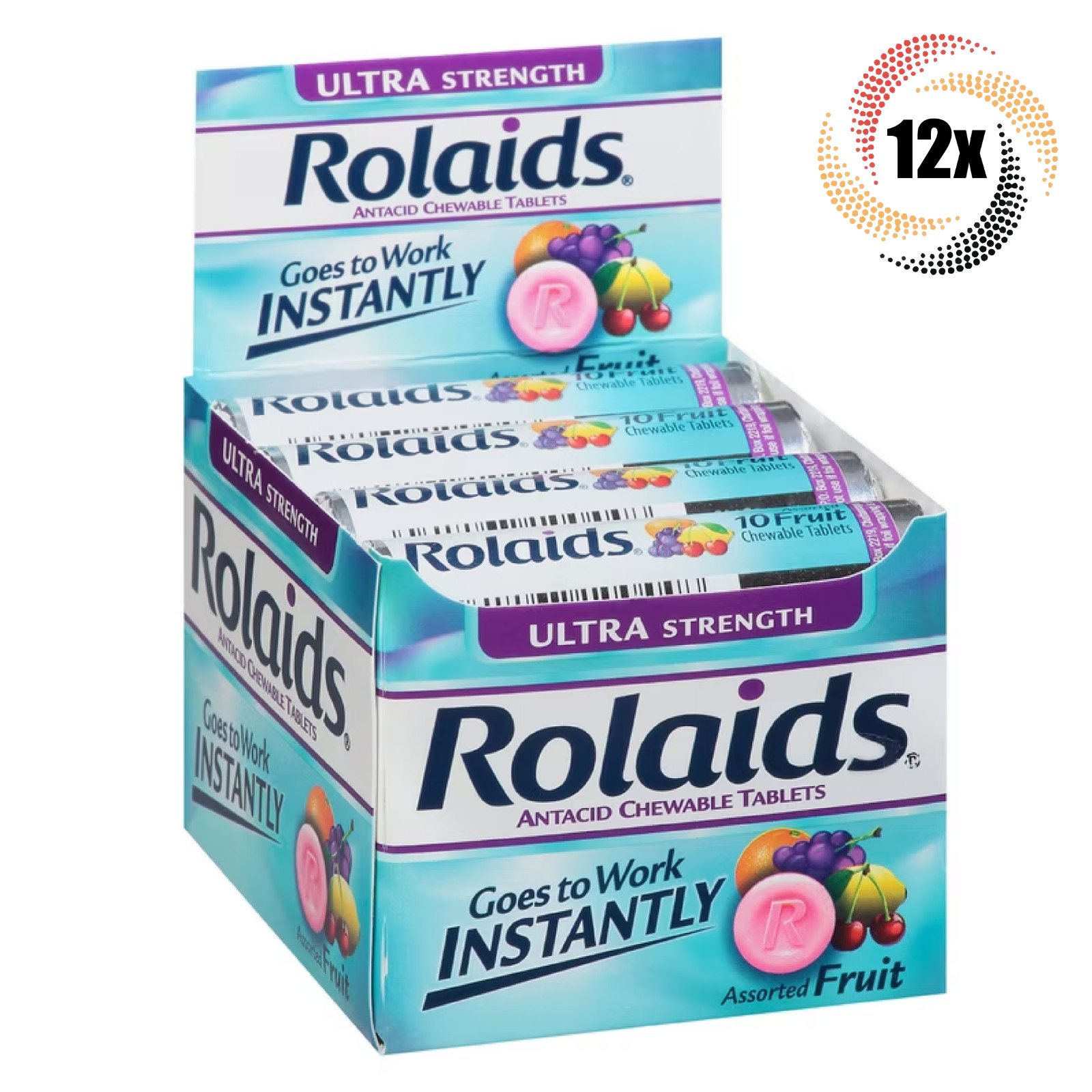 Full Box 12x Rolls Rolaids Ultra Strength Antacid Fruit Tablets | 10 Per Roll