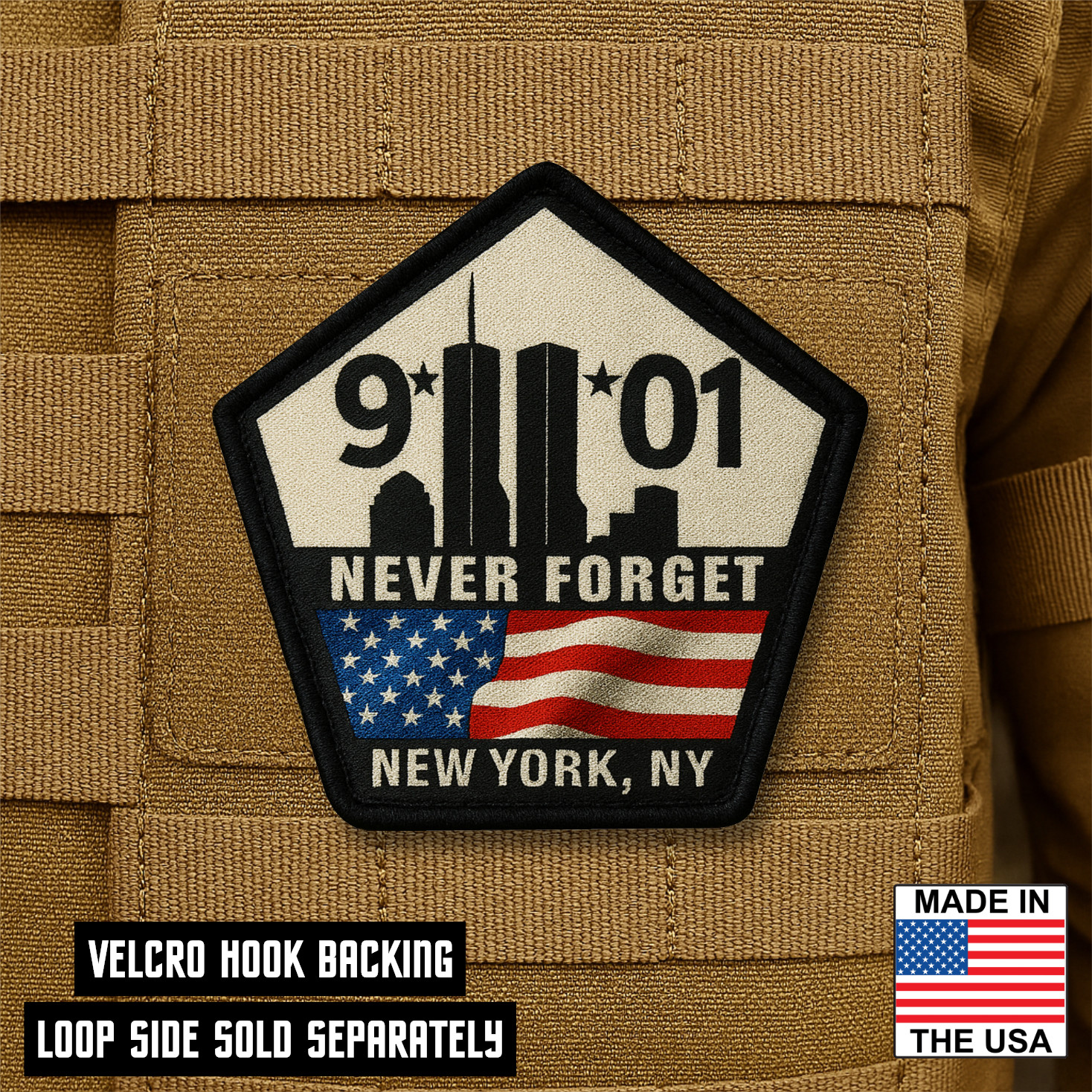 9-11 Never Forget Morale Patch, 3" x 3" Pentagon NYC Hook & Loop Memorial Patch