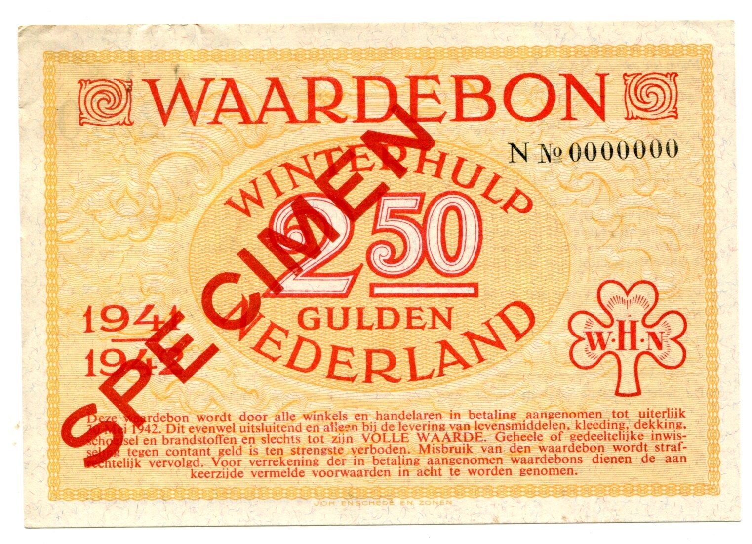 WHW Netherlands WWII Winterhulp WHN Winter Help 2.50 Gulden 1941-42 SPECIMEN N