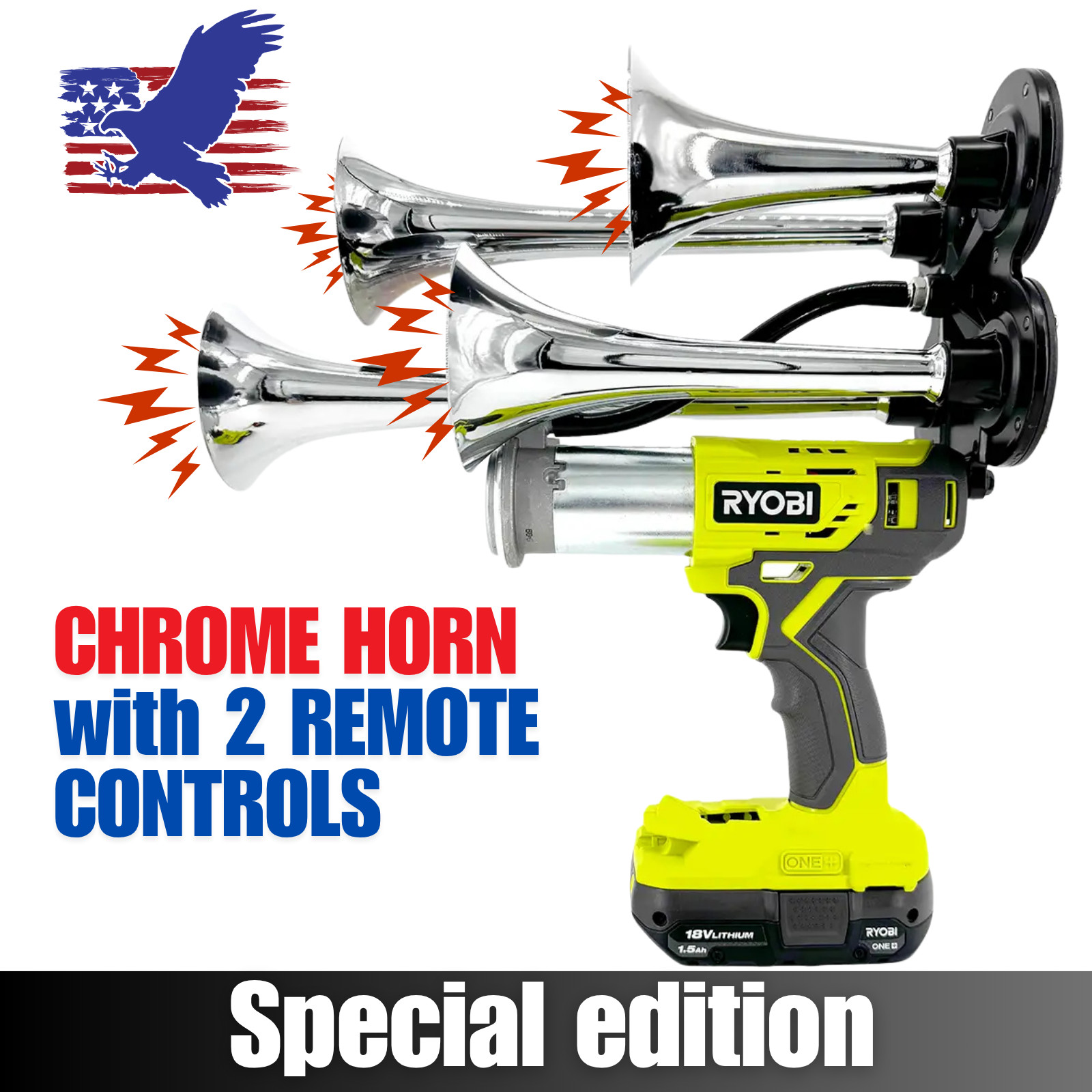 RYOBI 4 Trumpet Train Air Horn Chrome Quad 18V Portable / 2 Remote Controls