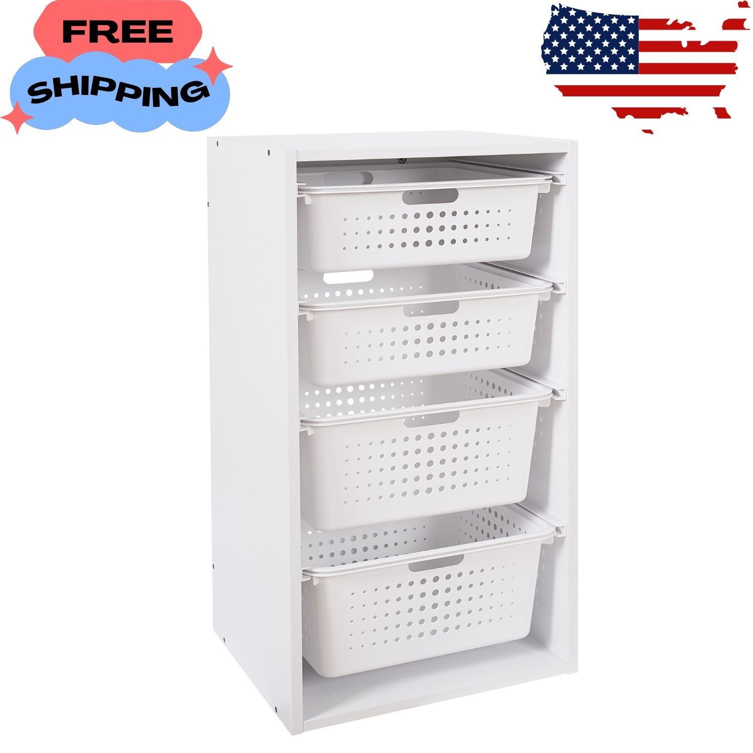 Sliding Bin Organizer with 4 Storage Bins, White