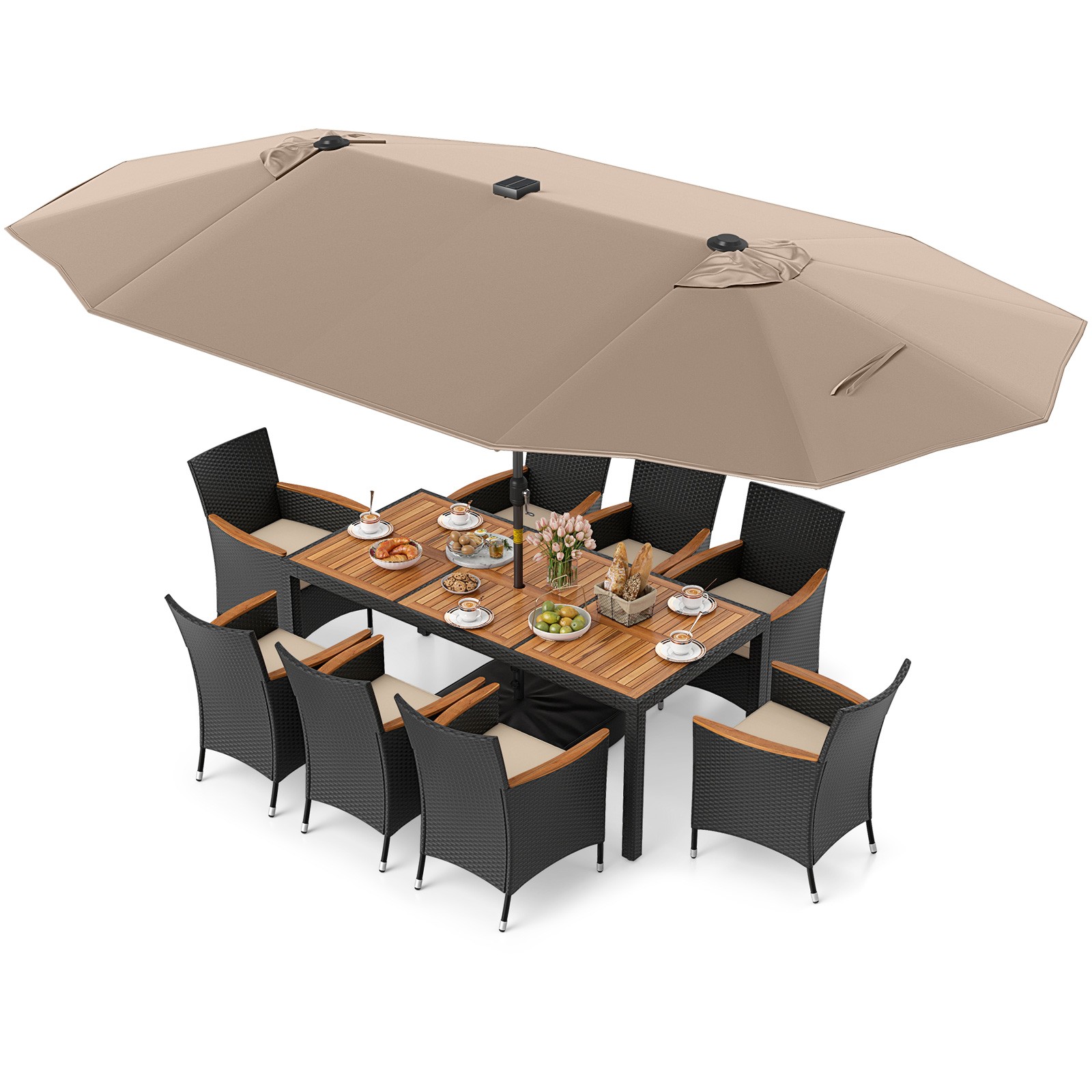 11 PCS Patio Dining Set with 15ft Double-Sided Patio Umbrella (Base Included)