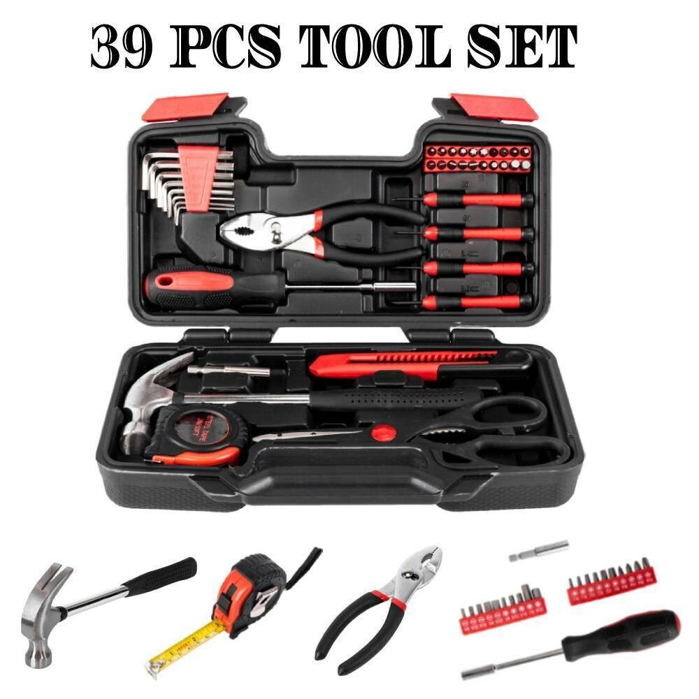 Portable 39pcs Red Basic Tool Set Household Mechanics Tool Kit with Carry Box