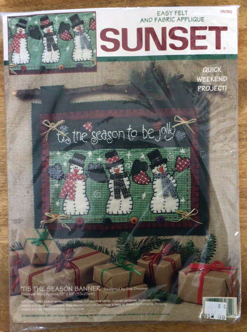 SUNSET 1995 “Tis The Season” Snowmen Banner Kit~Felt/Fabric Appliqué, #18082~USA