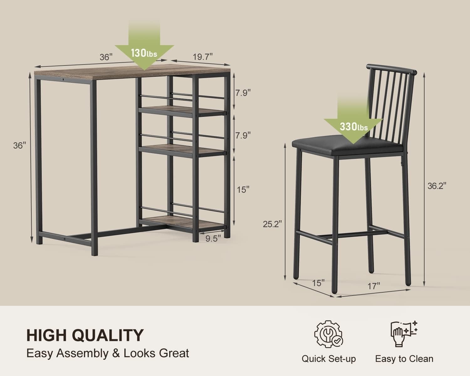 3-Piece Bar Dining Table Set 2 Kitchen Table w/Shelves Grey Space-saving grey
