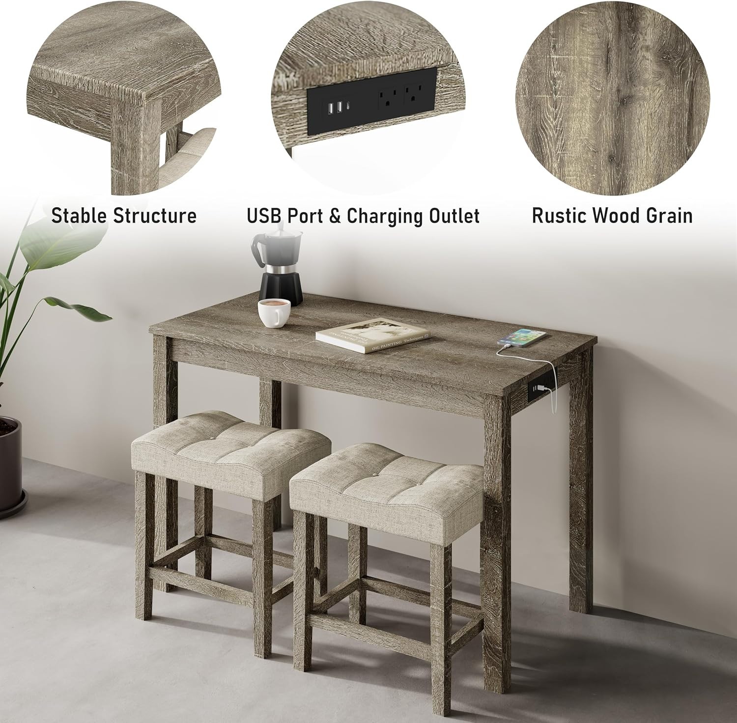 3-Piece Counter Height Bar Table Set with Socket and 2 Fabric Padded Bar Stools,