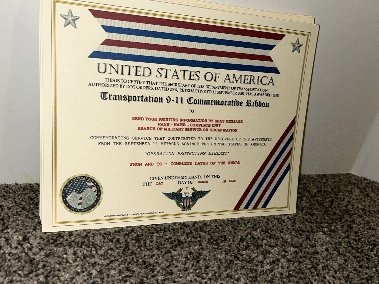 COAST GUARD / TRANSPORTATION 9-11 COMMEMORATIVE CERTIFICATE ~ W/PRINTING TYPE-1