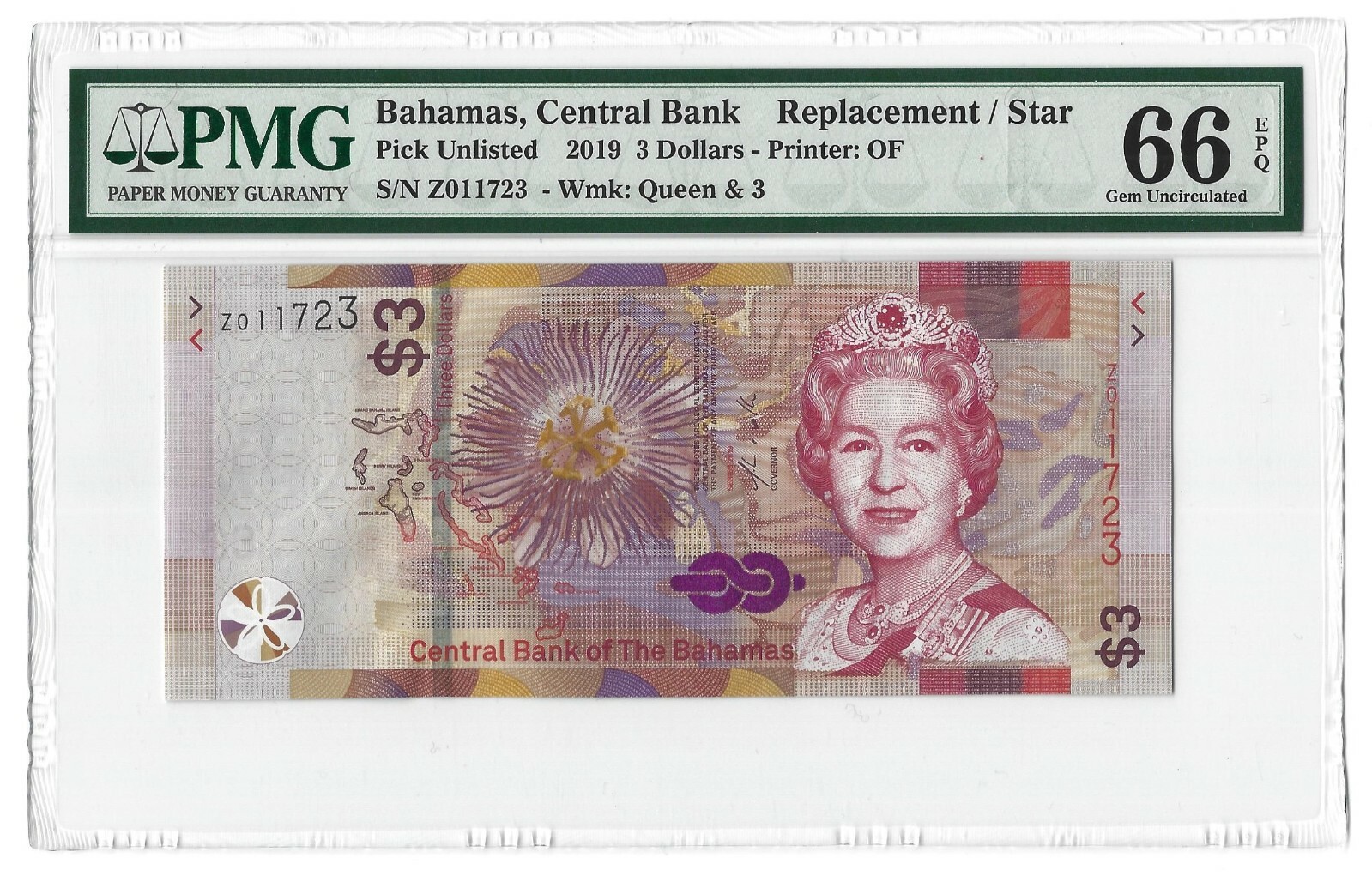 BAHAMAS $3 Dollars 2019, Z-Prefix Replacement, PMG 66 EPQ GEM UNC