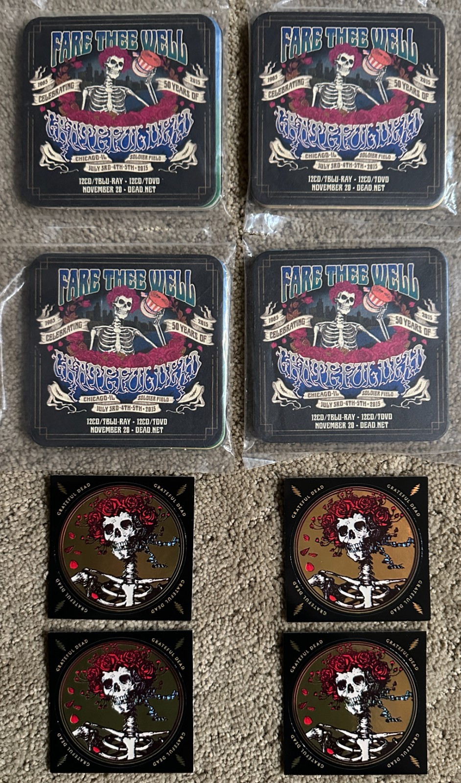 4 sets of 5 NEW Grateful Dead Fare Thee Well coasters + 4 50th Best of Stickers