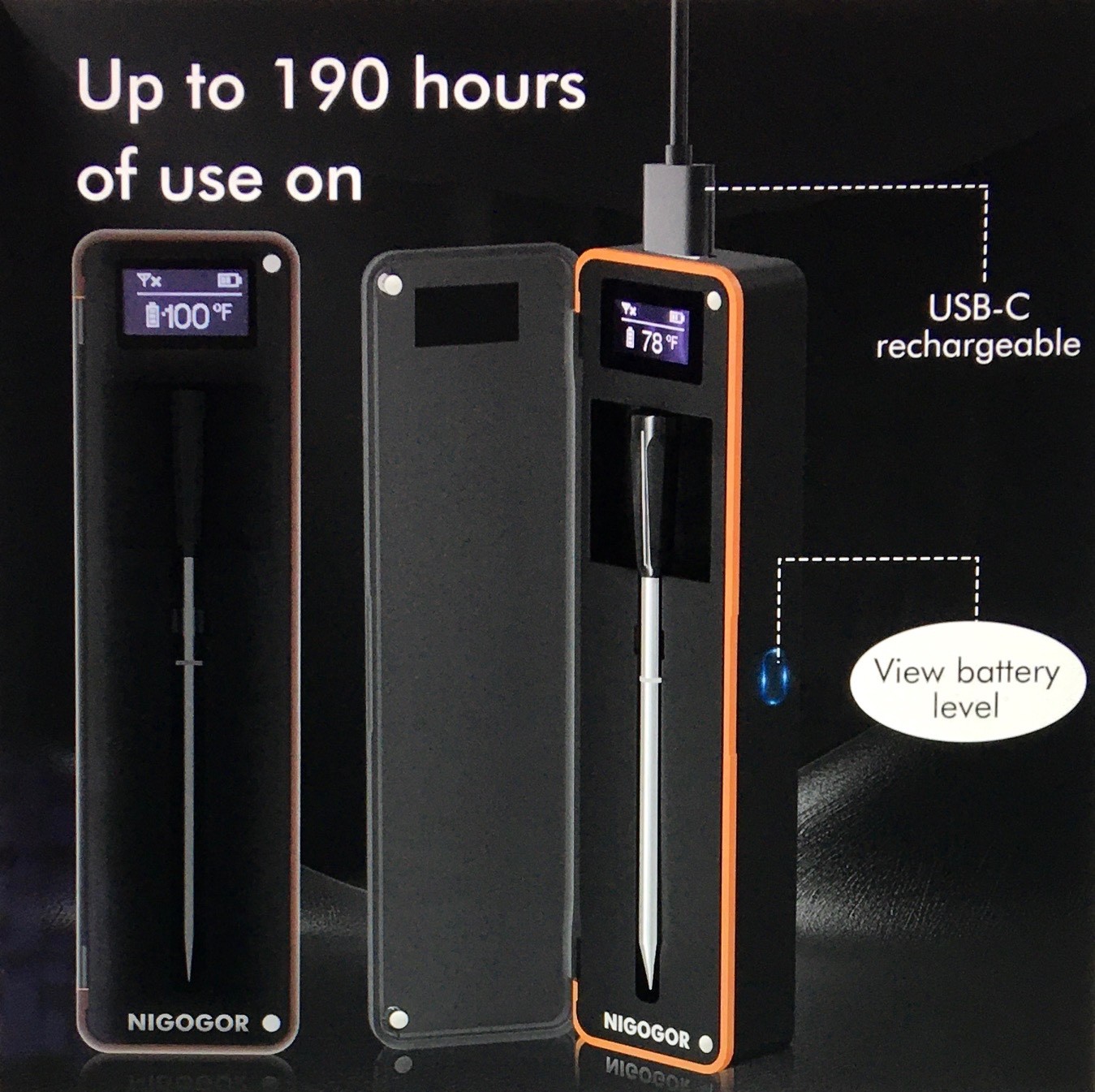 NIGOGOR Smart Wireless Meat Thermometer W/Thinnest Probe, Bluetooth, App, Sealed