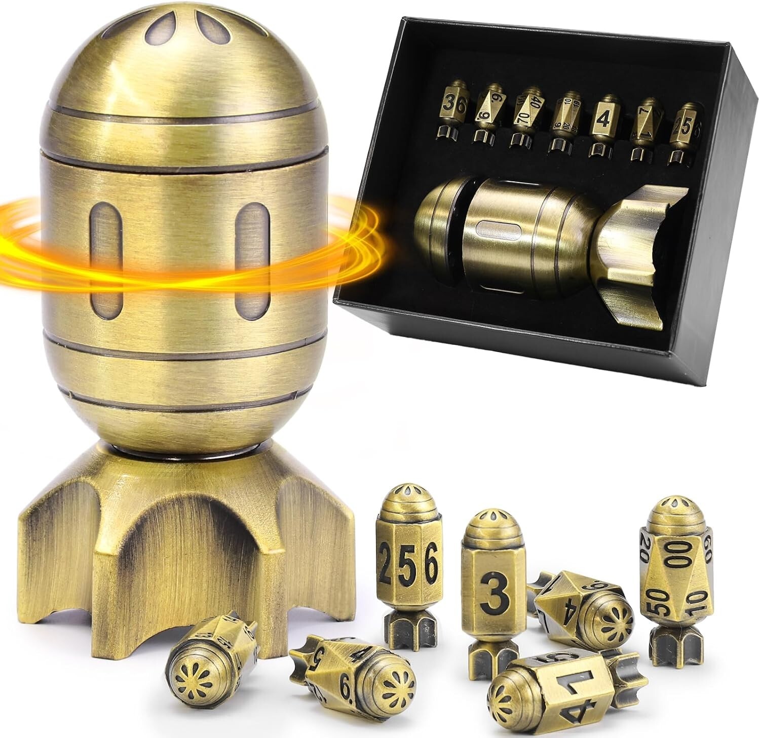 DND Metal Dice Set with Spinning Missile Dice Container, Bullet Dice Cyberpunk P