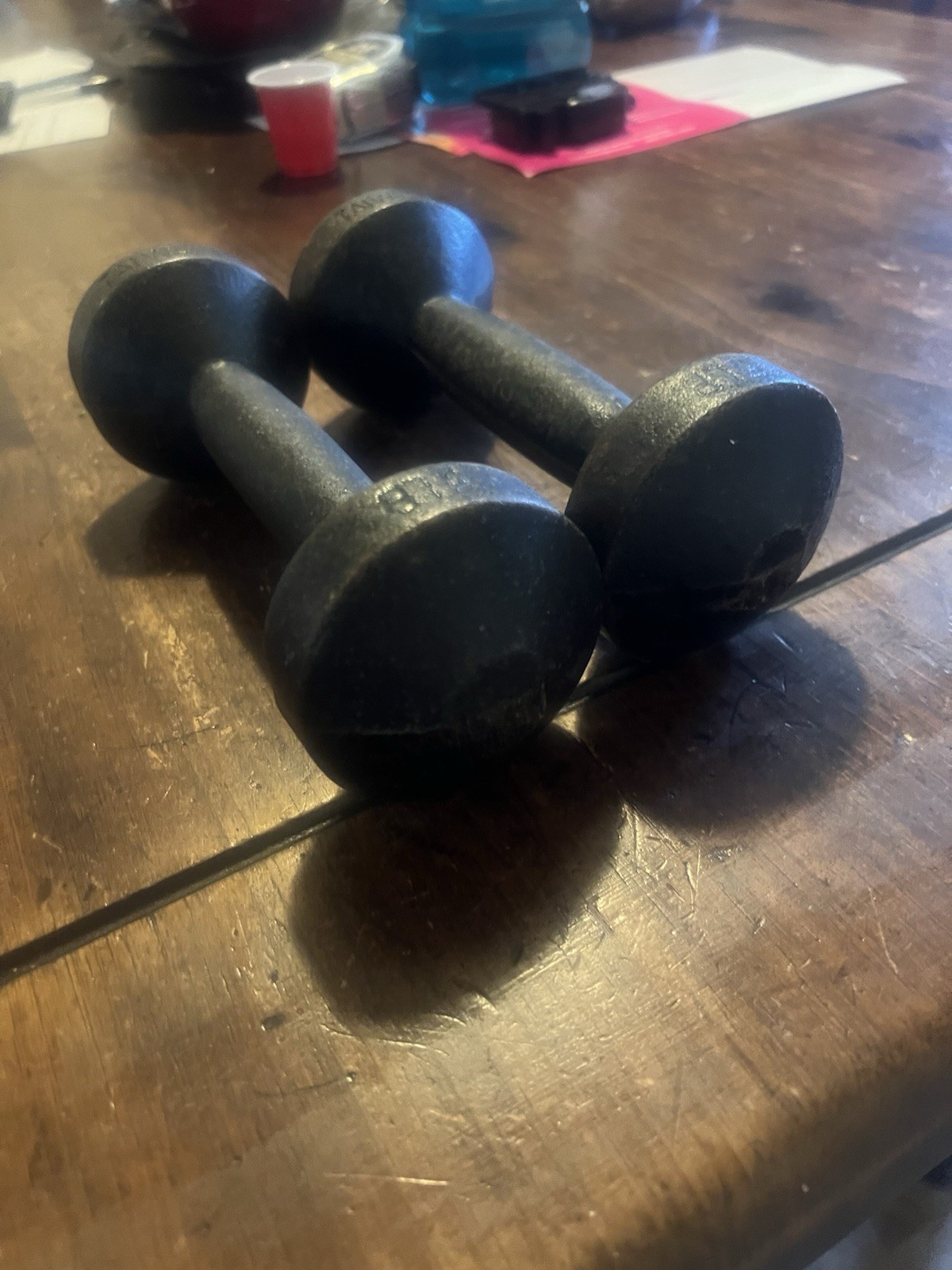 Vintage Taiwan 5 lb Black Cast Iron Fixed Weight Hex Dumbbells