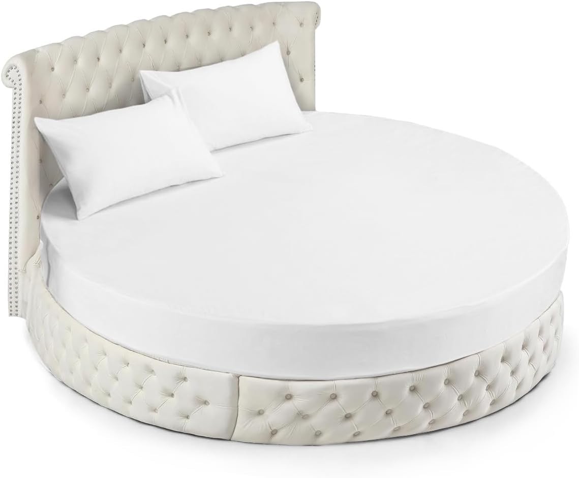 4 Piece Round Bed Sheet Set - Solid White 600 TC Cotton Pocket Up to 20 Inch -