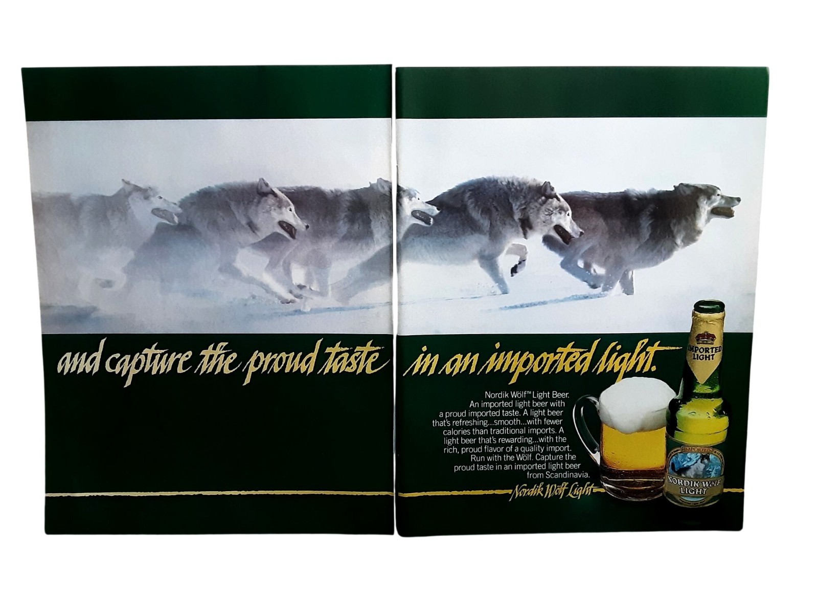 1985 Nordik Wolf Light Beer 4 Page Print Ad Run With the Wolf