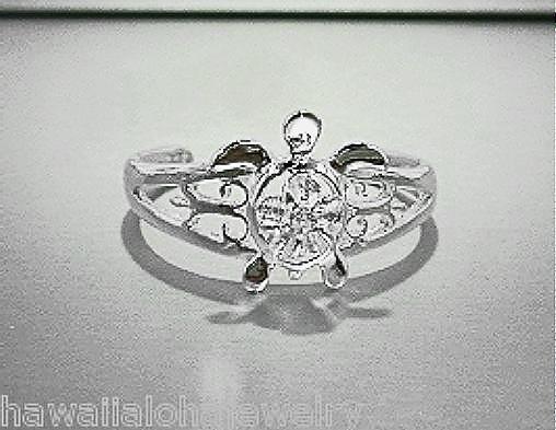 9mm 925 STER Silver Hawaiian Petroglyph Honu Turtle Plumeria White CZ Toe Ring