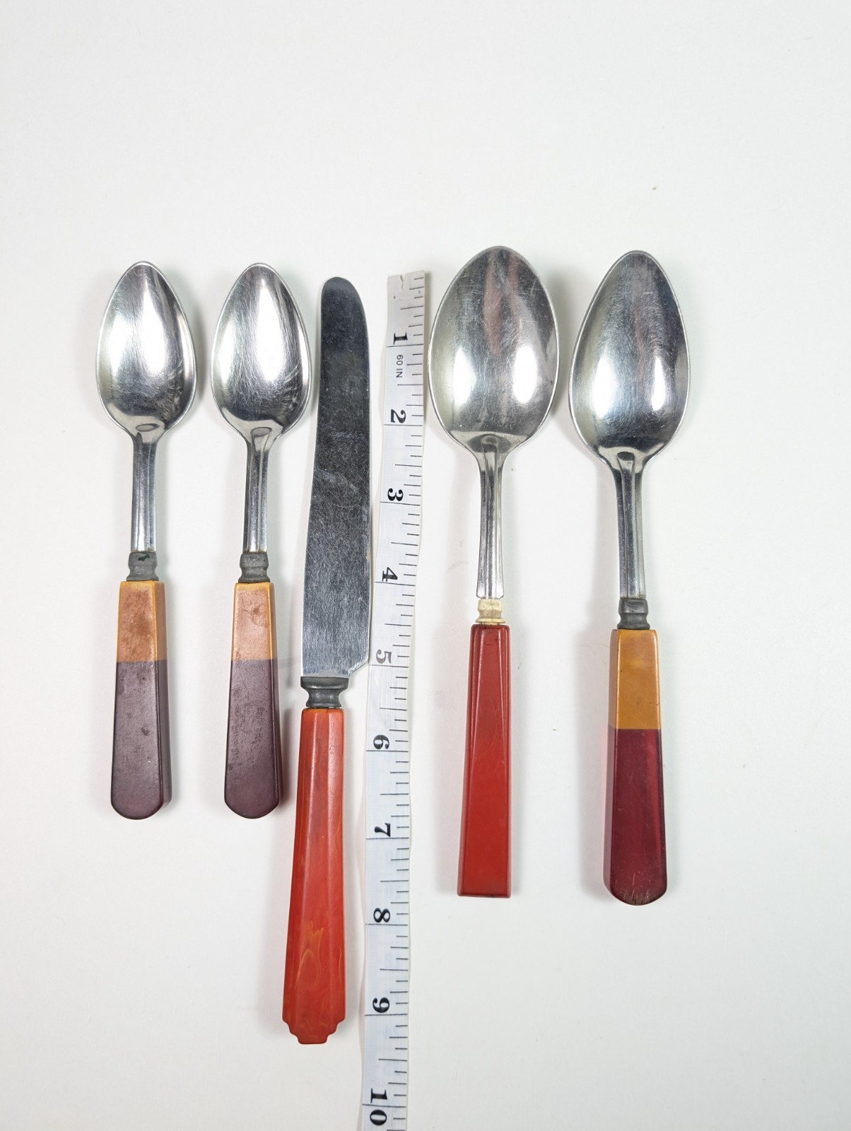 Red Bakelite Flatware Set Two Tone Cherry Red Amber 5 Piece Spoon Knife