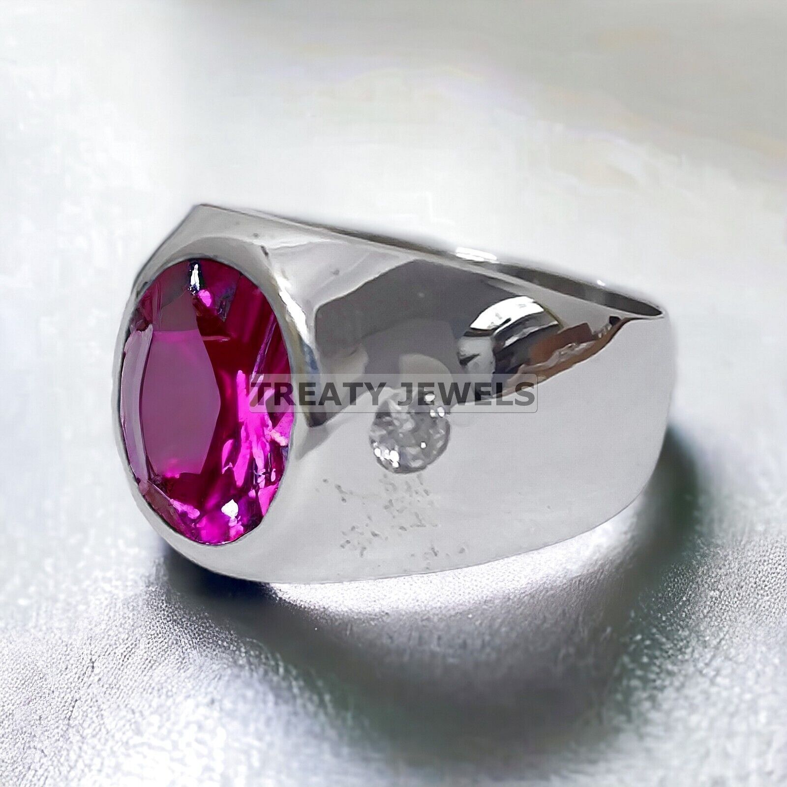 Ruby Oval Cut Gemstone With 14K Solid White Gold Ring For Men's #A21
