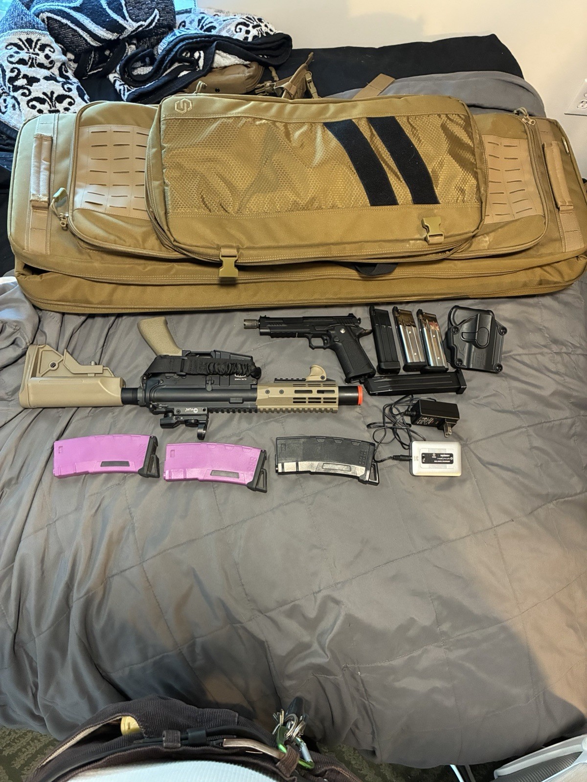 Airsoft Accessories Lot: Rifle, Pistol, Magazines, Holster & Tan Rifle Case