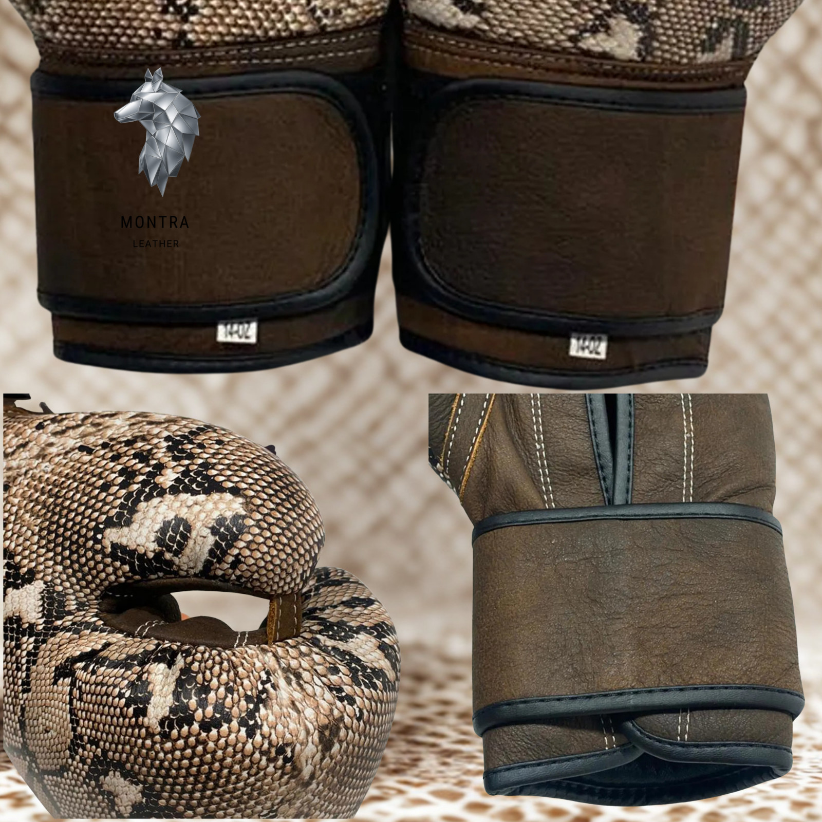 Handmade Python Print Boxing Gloves Genuine Leather MMA Muay Thai Sparring