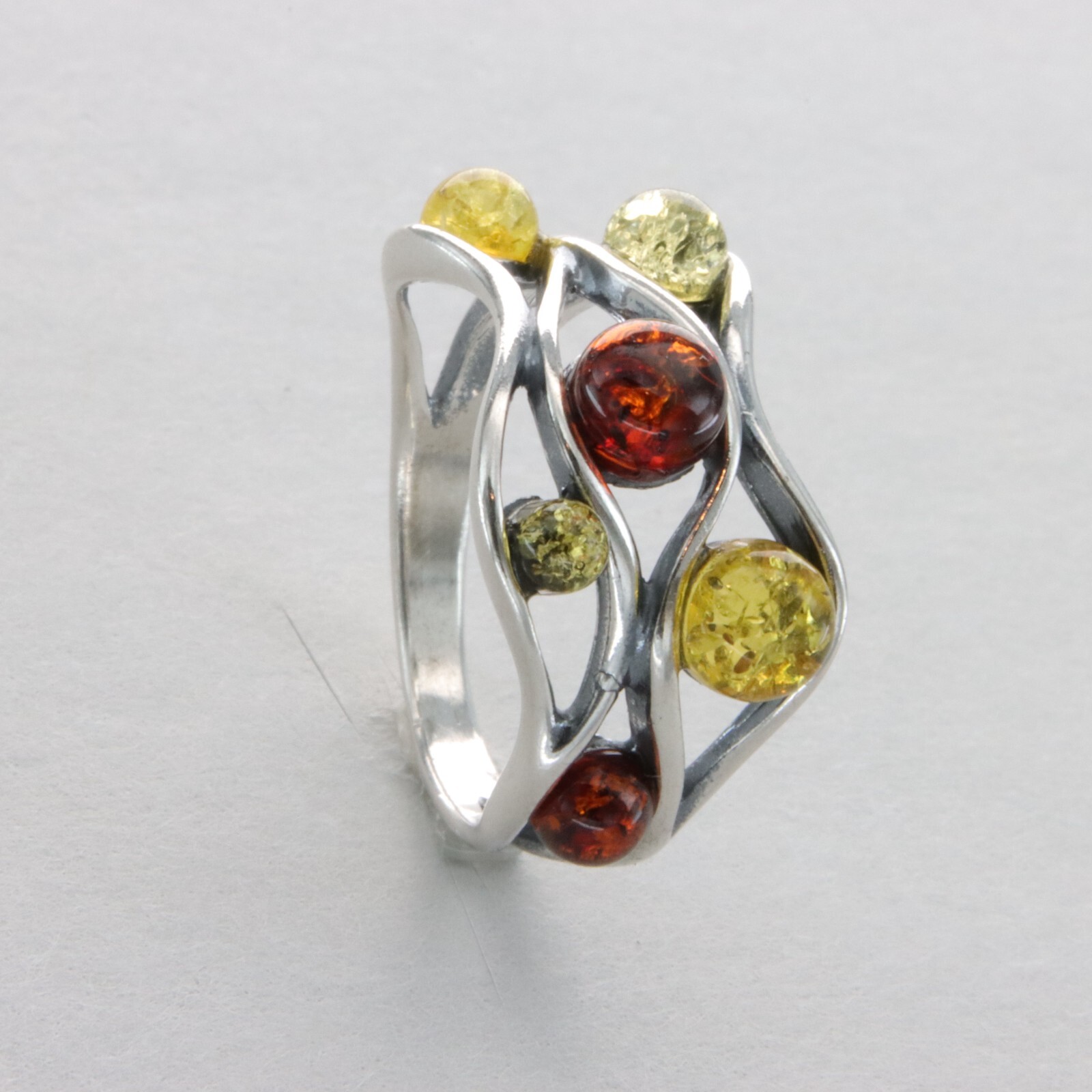 Round Multi-Color BALTIC AMBER Rectangle Ring - 925 STERLING SILVER Poland #87e