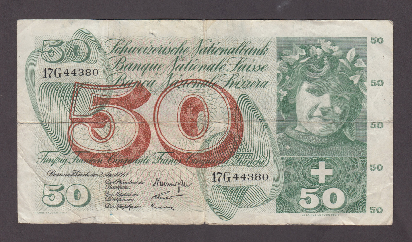 SWITZERLAND P.48d-4380  50 FRANCS 2.4.1964  FINE  WE COMBINE  2208