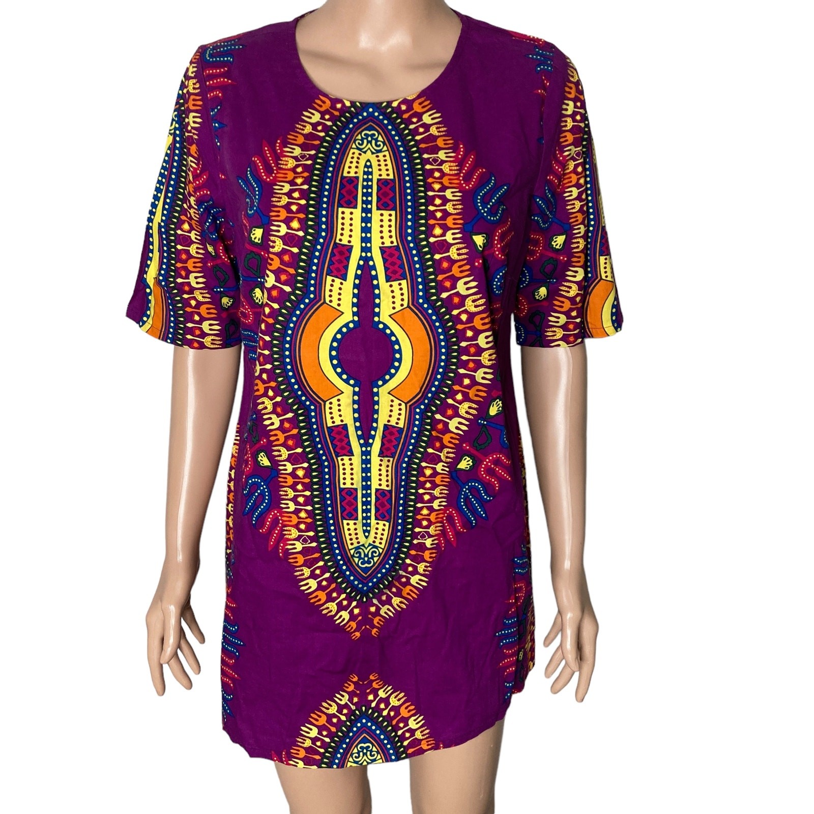 ASHRO Dashiki Mini Dress Womens 8 African Purple Yellow Cultural Lightweight New