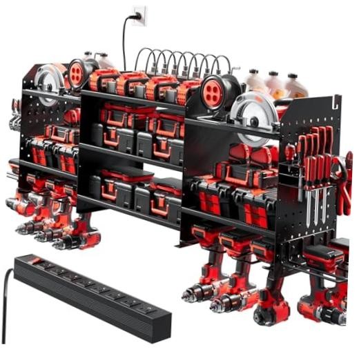 Upgrade Large Power Tool Organizer Wall Mount with Charging Station, Black