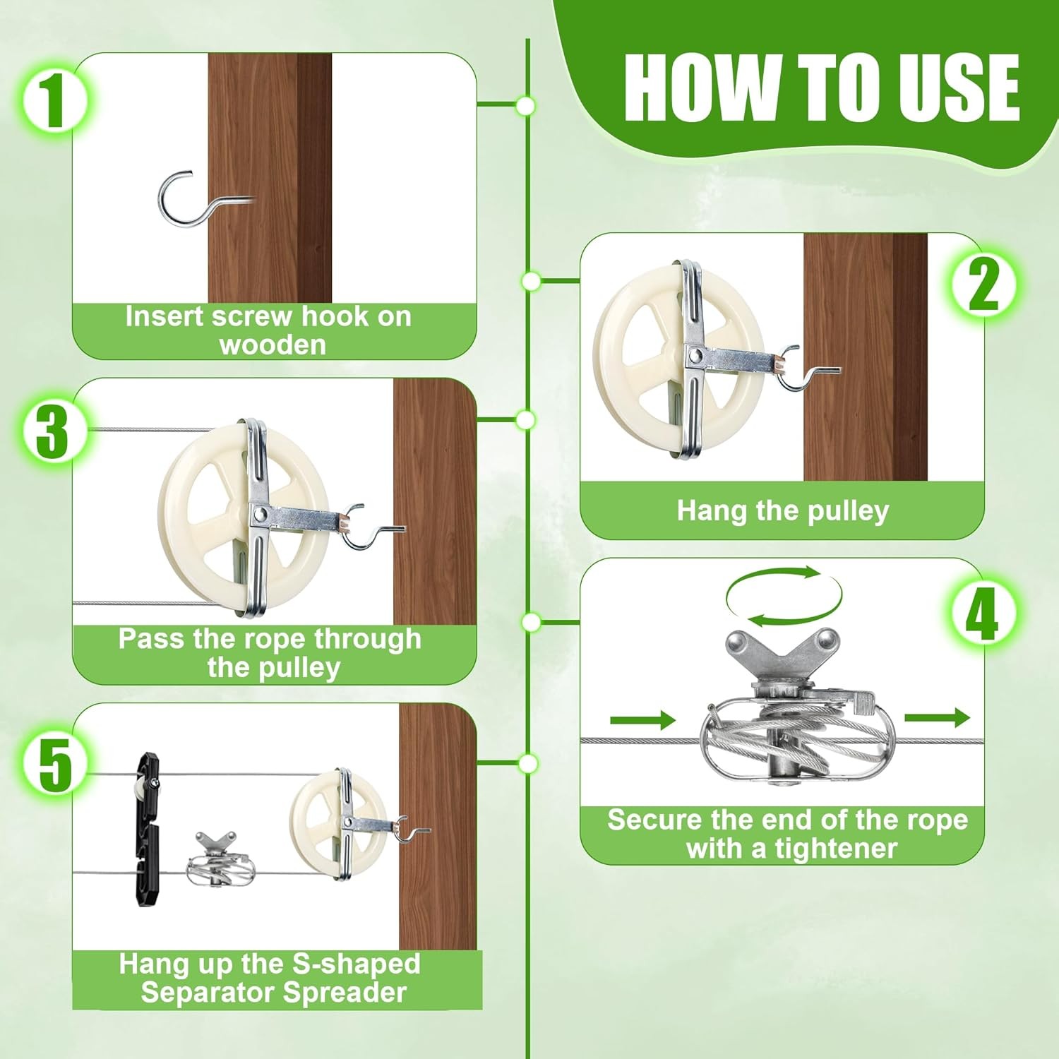 Outdoor clothesline set, includes clothesline pulley assembly,