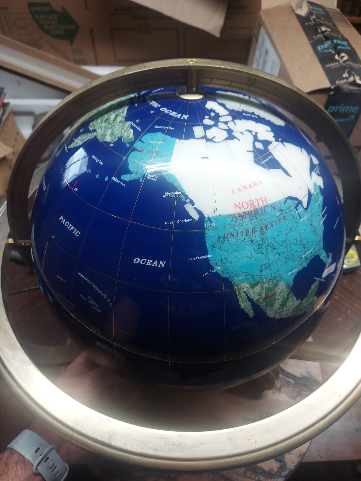 12" Globe With Gemstone Inlaid Brass Stand With Compass Beautiful Display