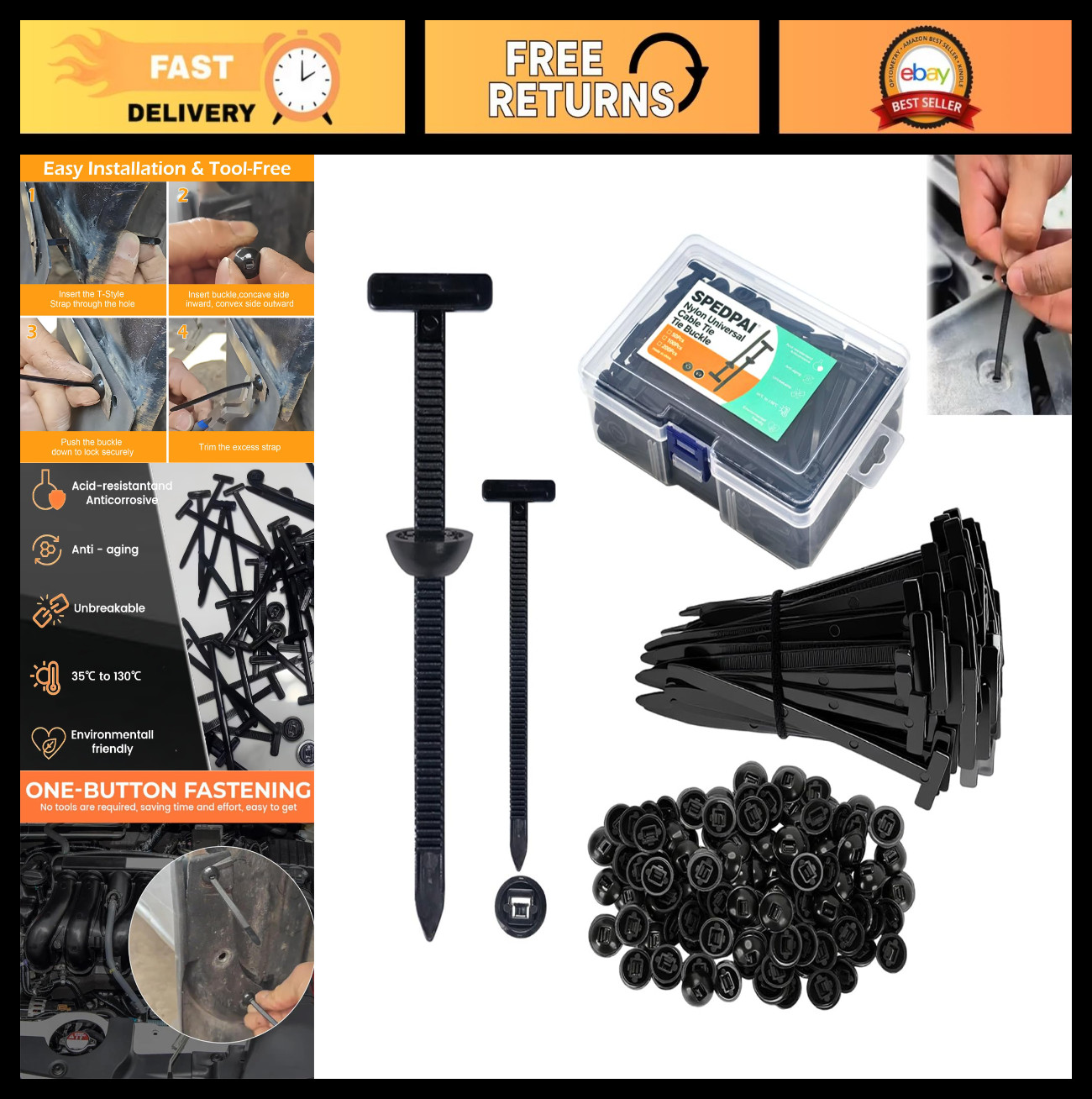 Heavy Duty Nylon Cable Ties 200pcs, UV Resistant Zip Ties with Pin & Button Desi