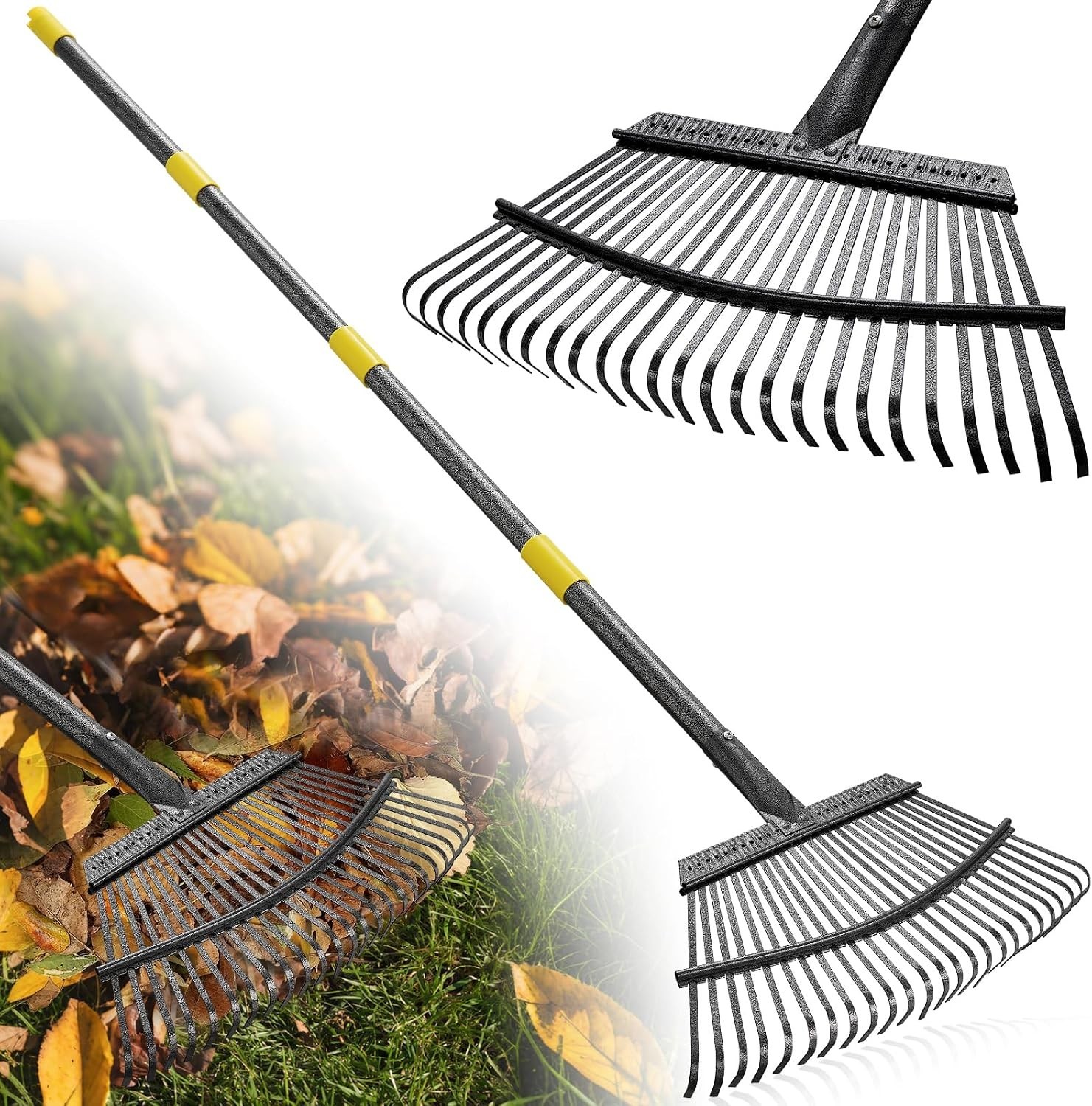 Garden Rake for Leaves: 18” Wide Metal Leaf Rake, 65” Long Adjustable Handle,...