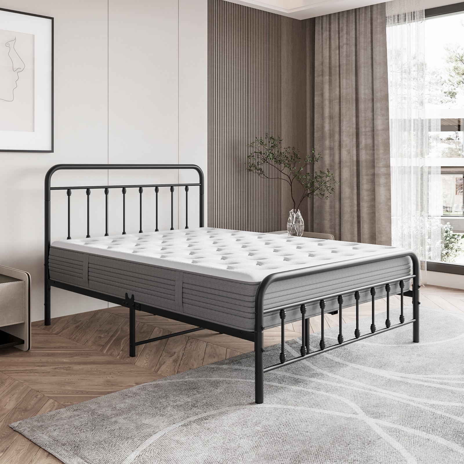 Full Size Metal Platform Bed Frame with Petal Accented Headboard