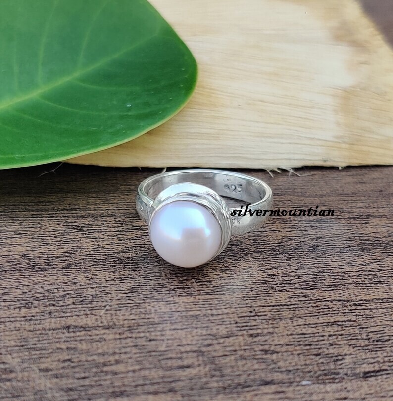 White Pearl Freshwater Round Ring • Silver Dainty Pearl Ring for Women  All size
