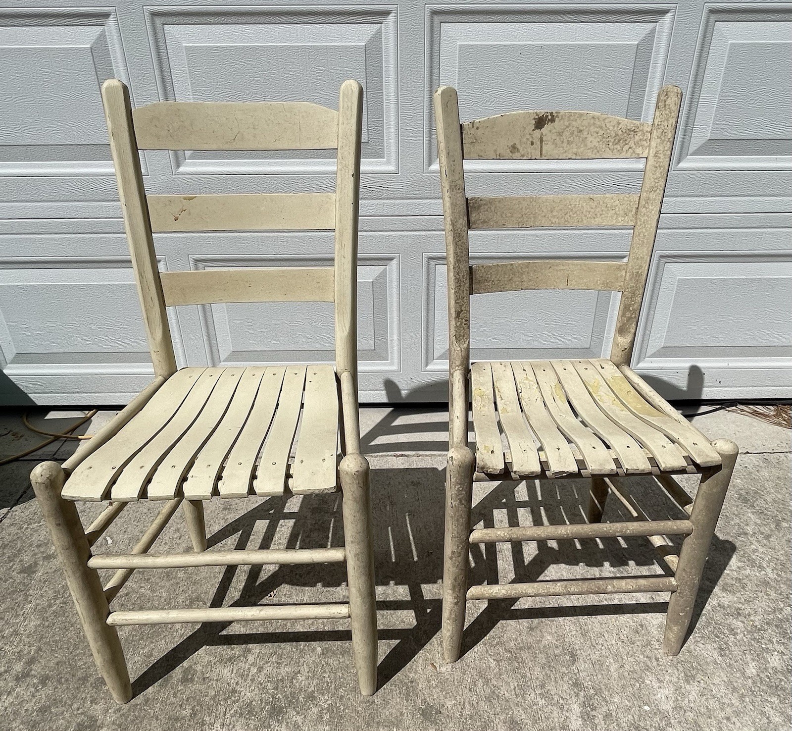 2 Vintage Ladder Back Slat Seat Wood Chairs Cream
