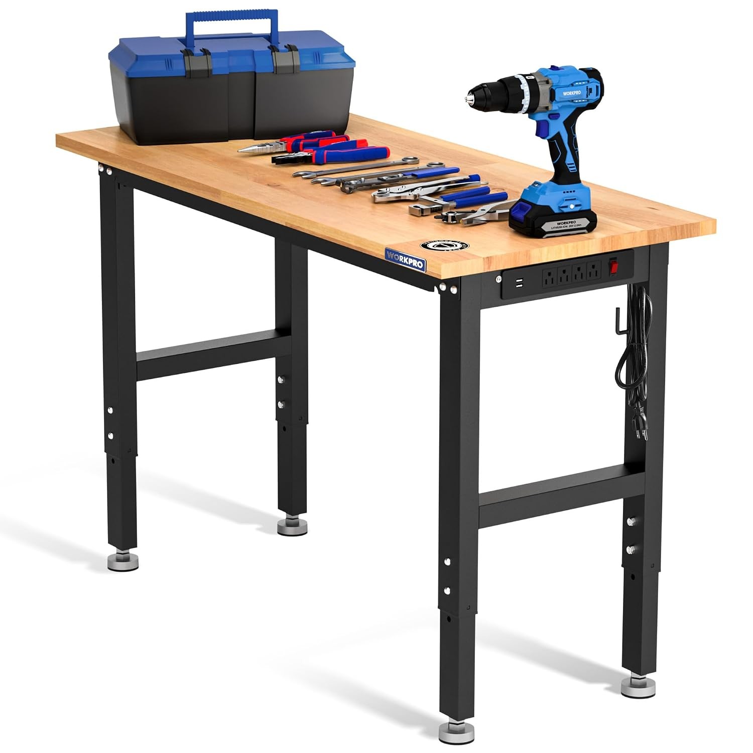 WORKPRO Adjustable Garage Workbench, 48"x22" Rubber Wood Top Heavy-Duty Work Des