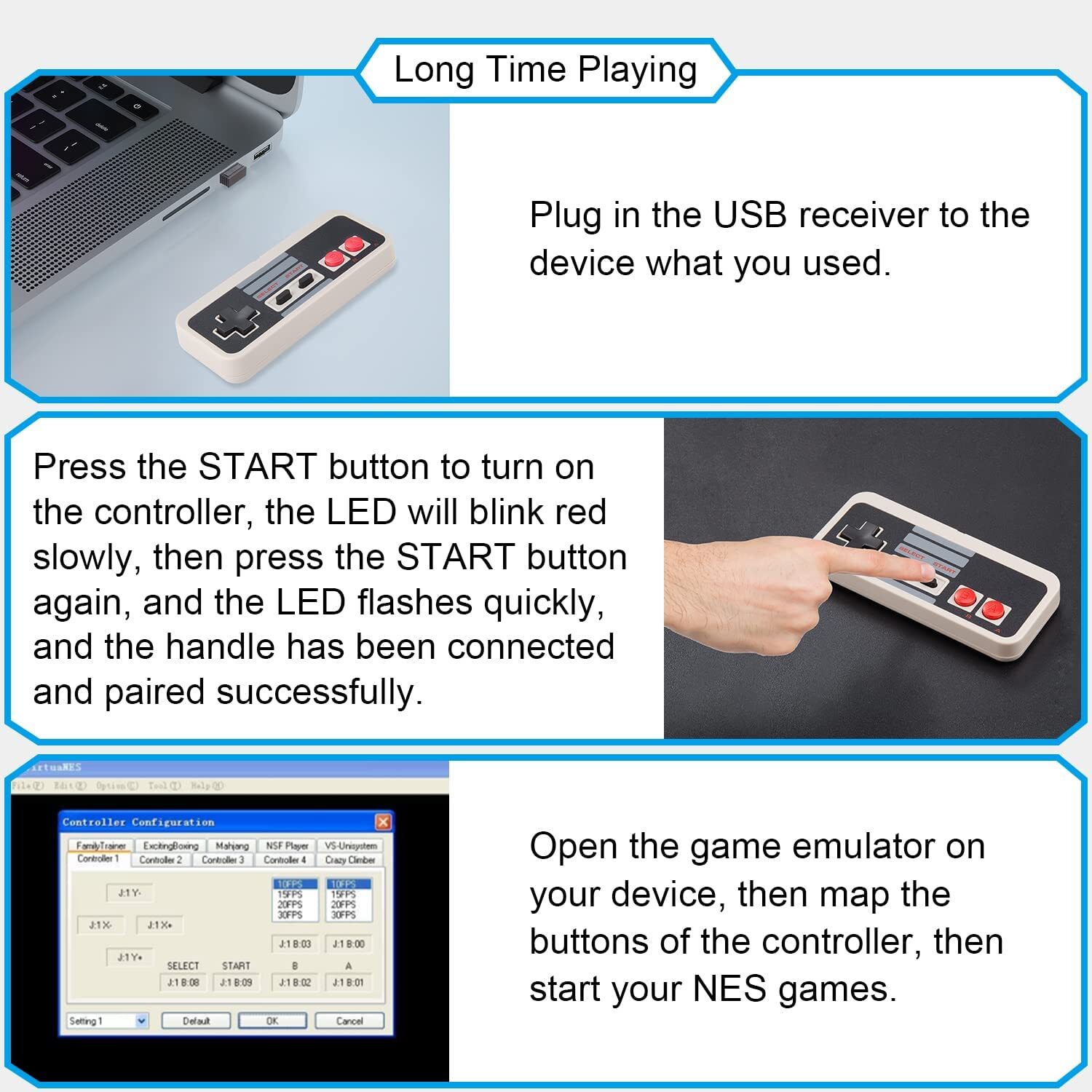 Wireless USB Nes PC Controller Gamepad Rechargeable Remote for Windows PC MAC