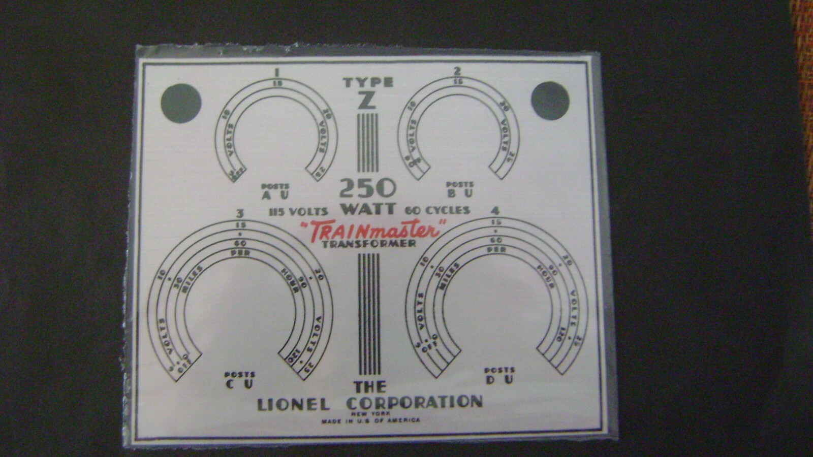 Lionel "TYPE Z 250 Watt " Multi Control Transformer stick on Name Plate