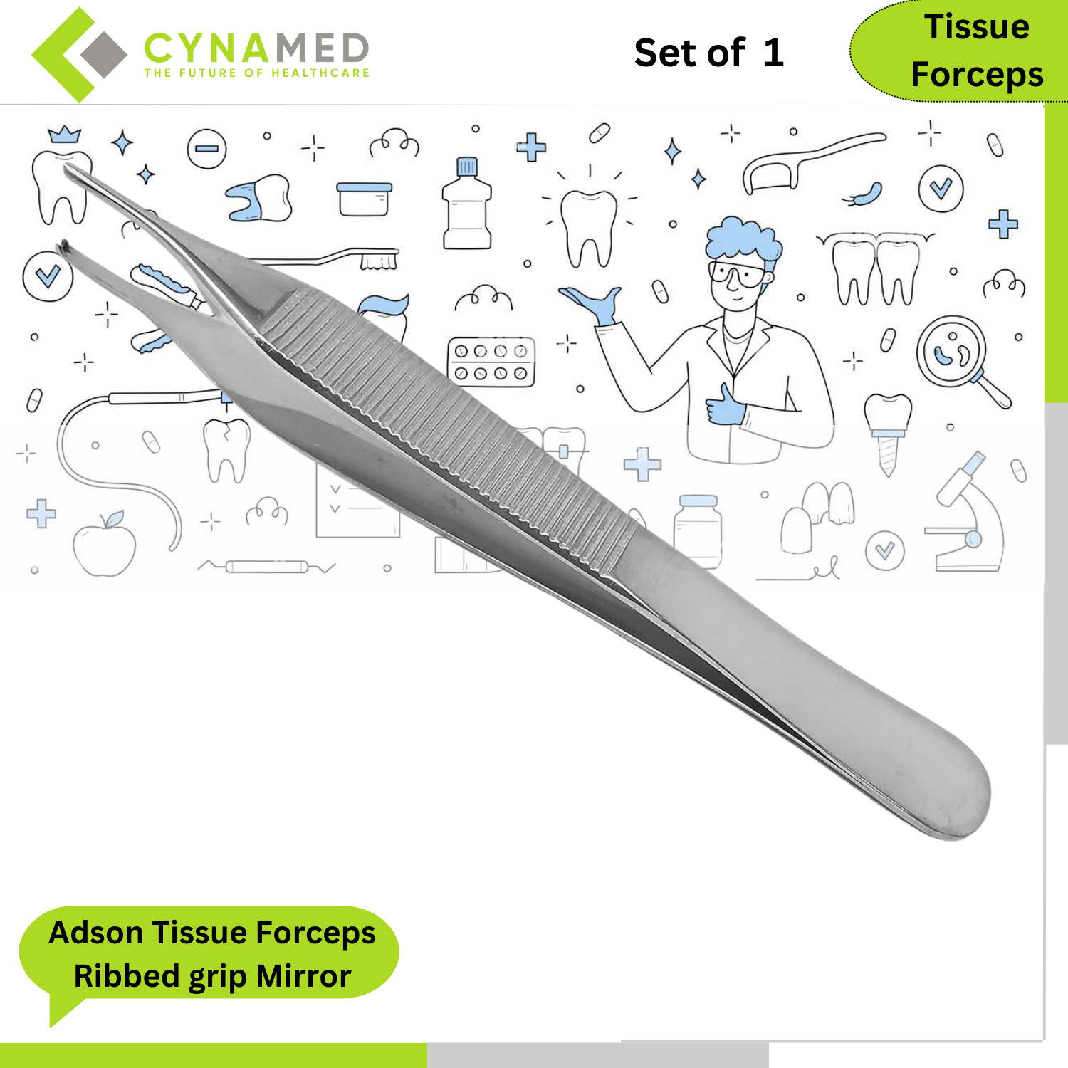 Cynamed Stainless Steel Adson Tissue Forceps Ribbed grip Mirror Finish 4.75 inch