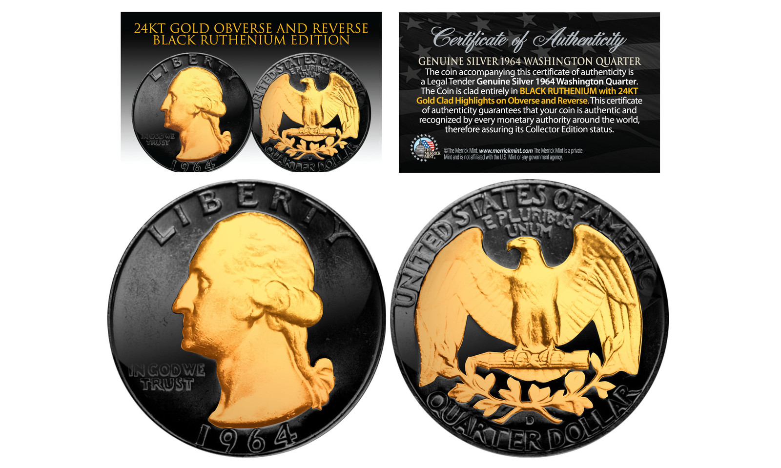 Black RUTHENIUM 2-Sided 1964 US Genuine Silver Quarter Coin w/ Genuine 24KT Gold