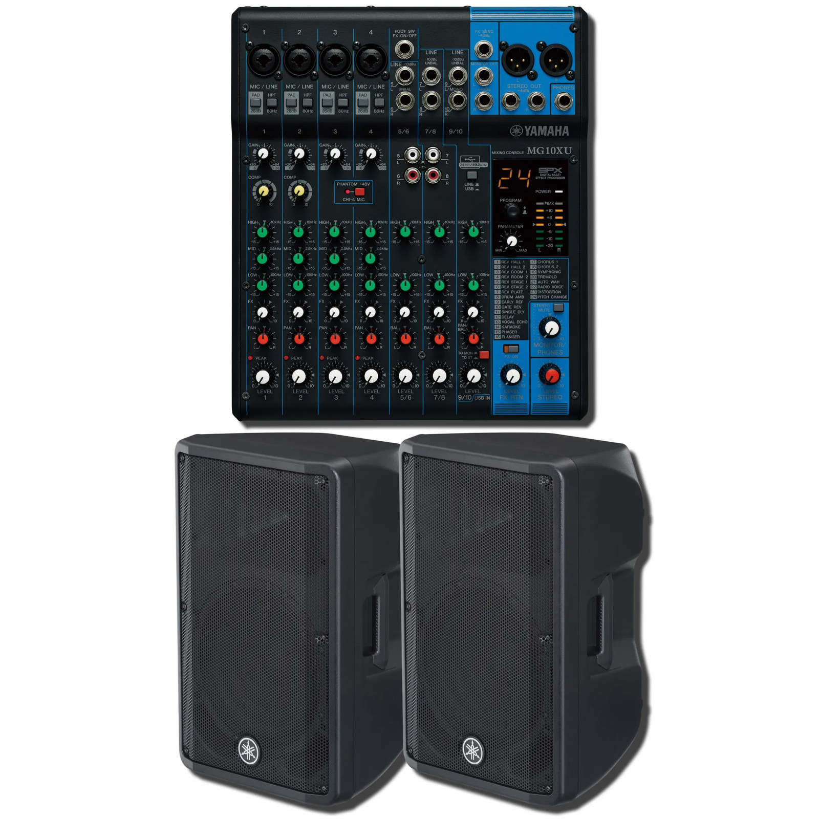 Yamaha MG10XU 10-Ch USB Mixer w/ 2x DBR12 1000W Powered Speakers Bundle