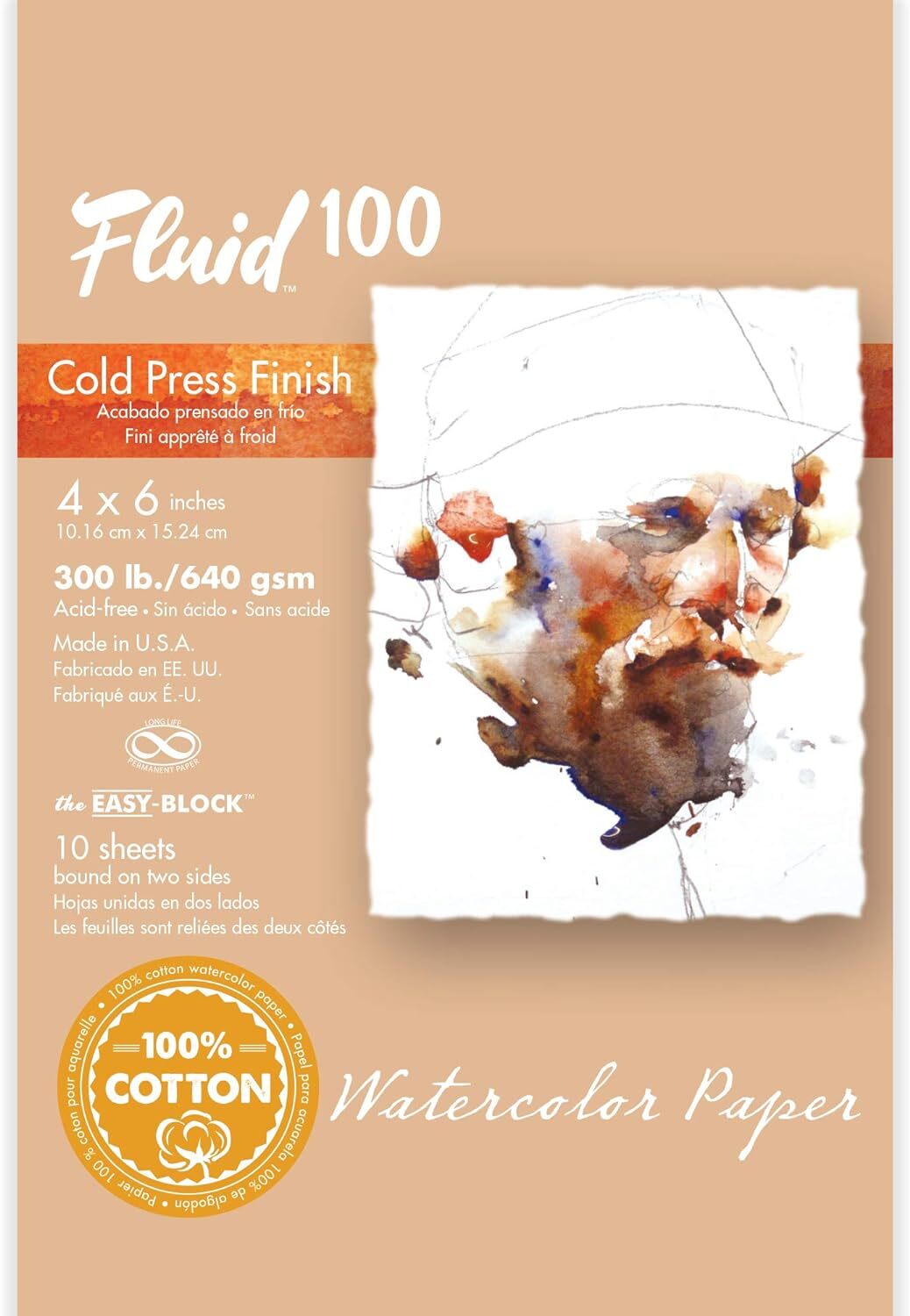 Fluid 100 Artist Watercolor Block, 300 Lb (640 GSM) 100% Cotton Cold Press Pad