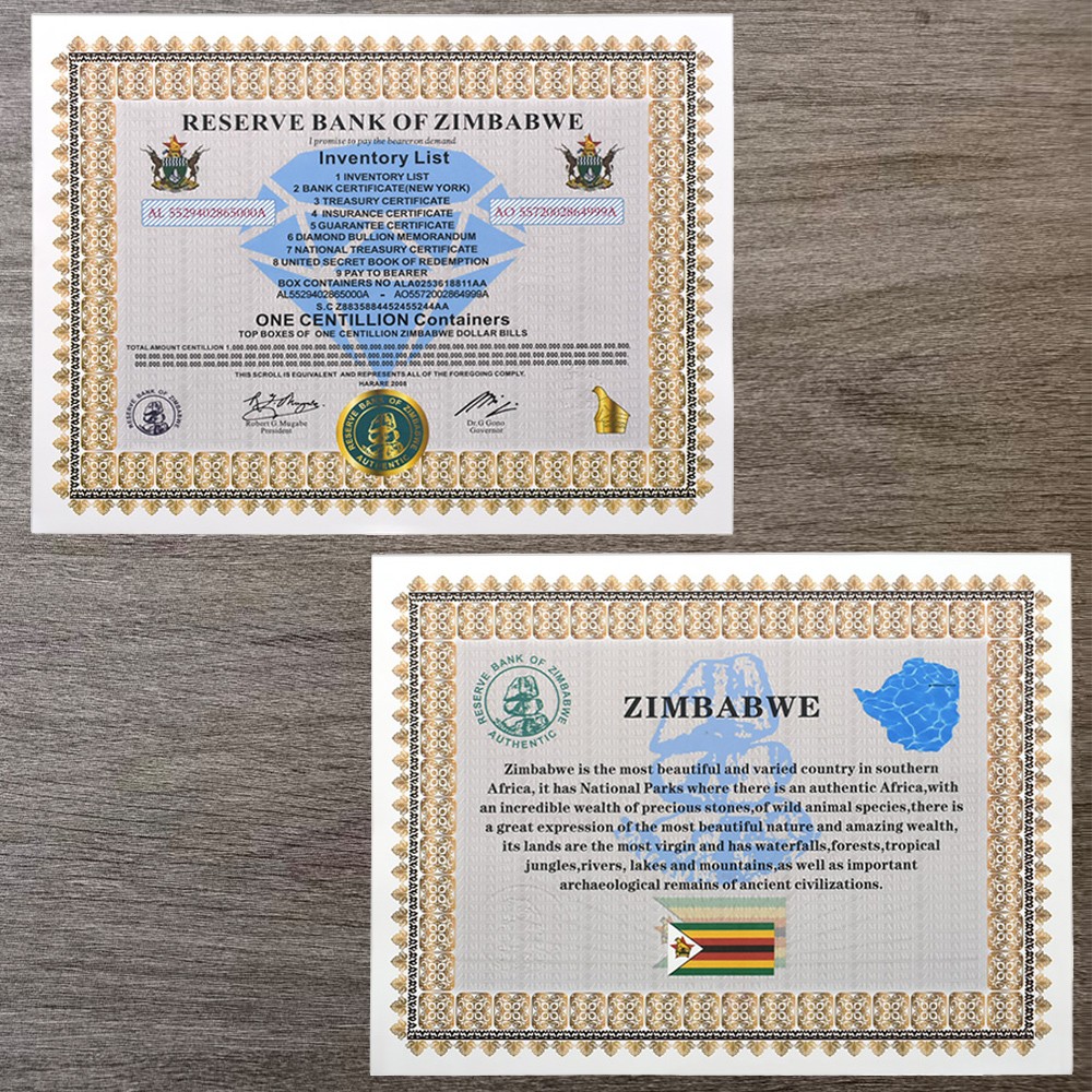 100pcs/box Zimbabwe One Centillion Containers Banknote Certificate Collection