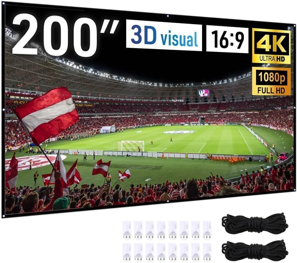 200 Inch Projector Screen Outdoor, 4K Full HD 3D 16:9 Canvas Material Double-Sid