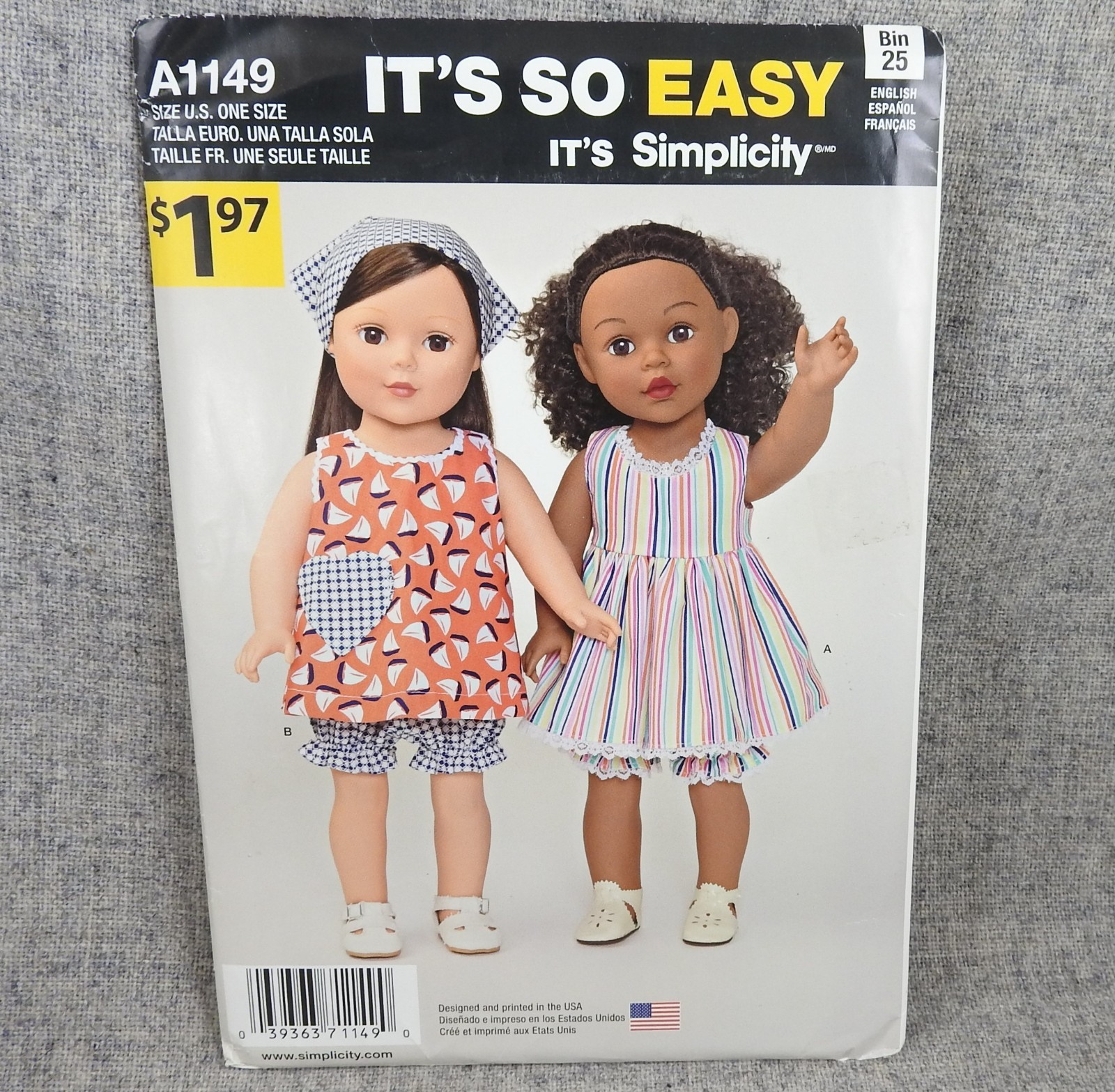 Simplicity 1149 Doll Clothes Dress Top Panties Scarf Bloomers 18 inch Uncut