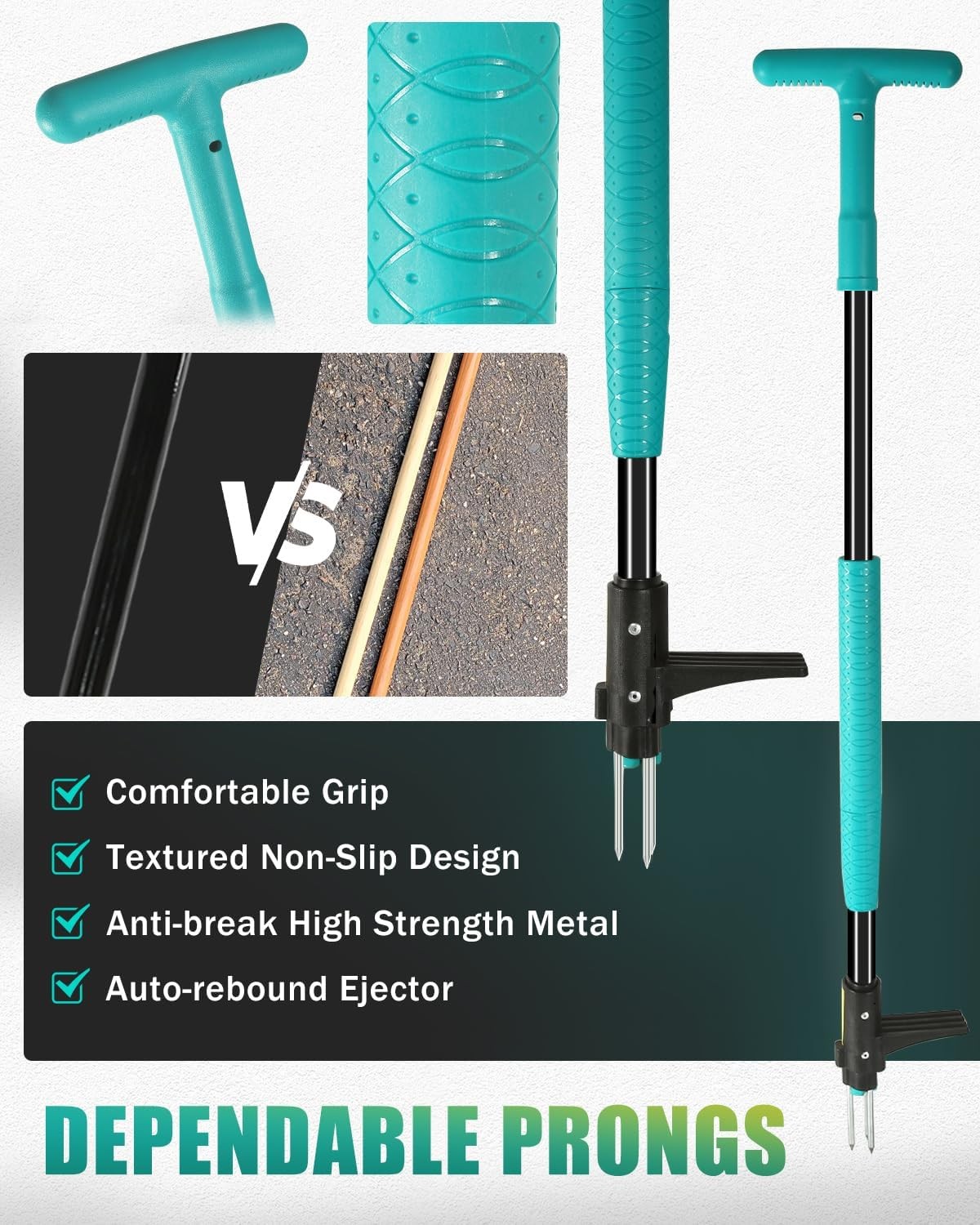 Breeze Touch 39" Weed Pulling Tool, 3-Claw T-shaped Handle, Common Teal