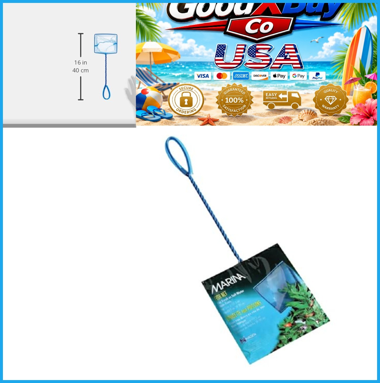 NEW Aquarium Fish Net Fine Nylon Mesh 5x5 Inch 10 Inch Handle Blue