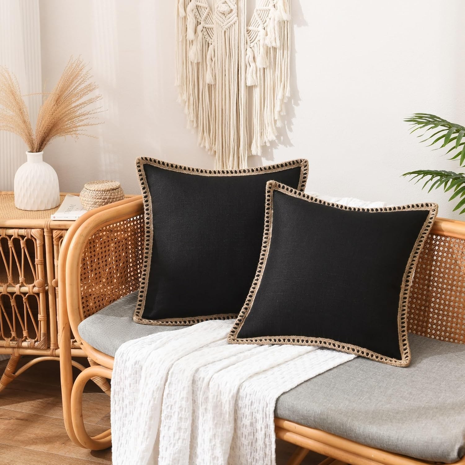 Set of 2 Farmhouse Throw Pillow Covers - Burlap 20" x (Pack 2), Black