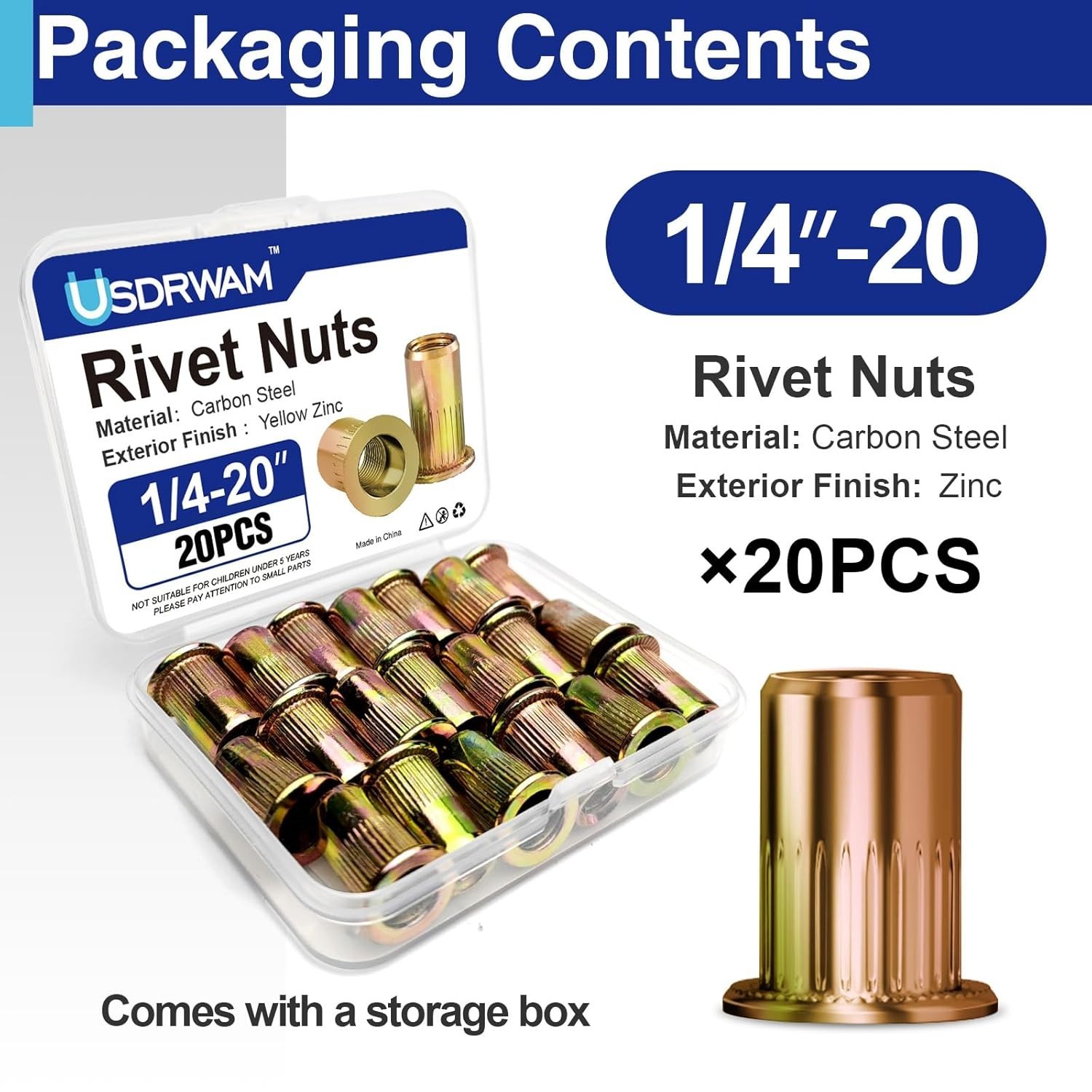1/4-20 Rivet Nuts, Zinc Plated Carbon Steel Threaded Insert Rivnut Nutsert, F...