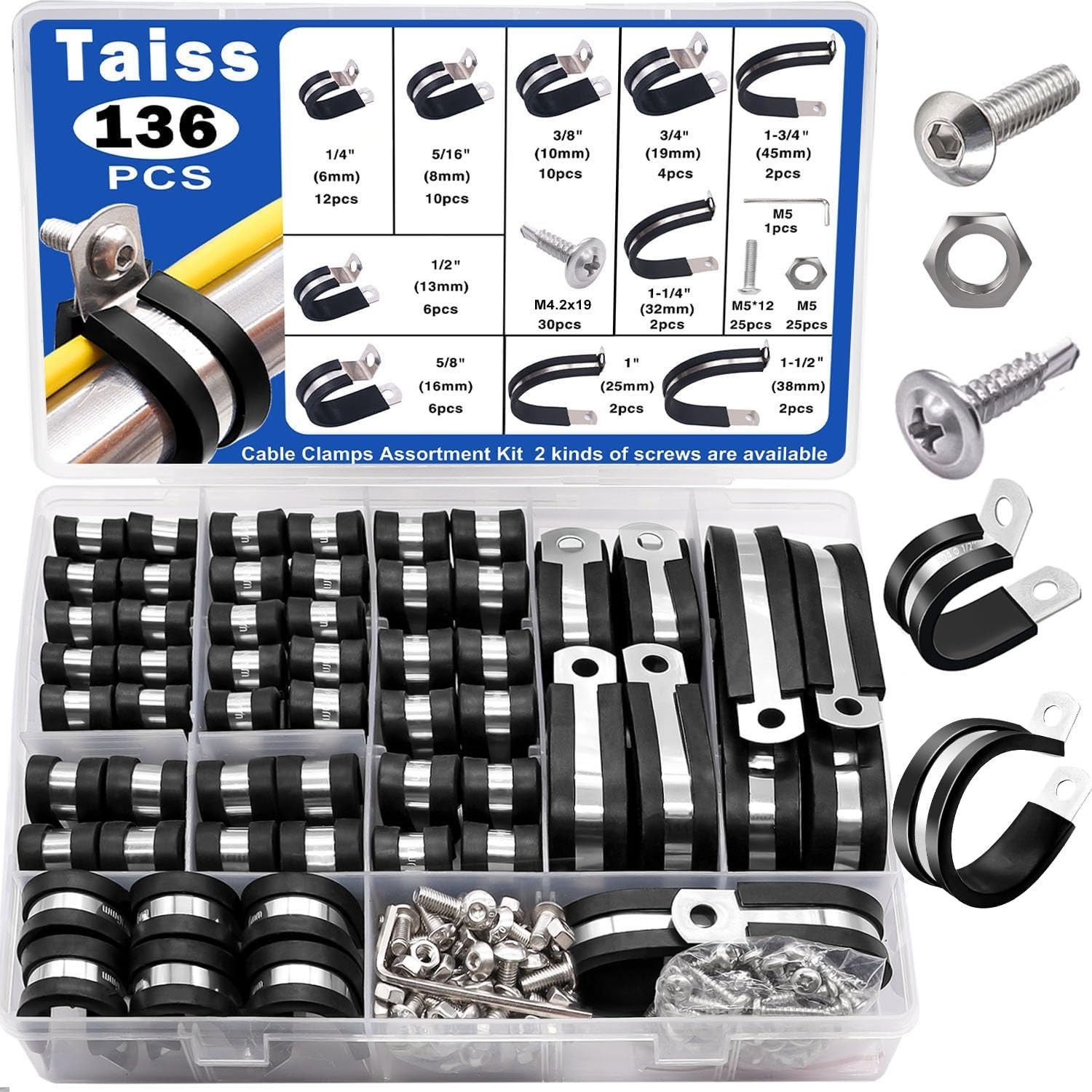 Taiss 136PCS Cable Clamps Assortment Kit 304 Stainless Steel Rubber Cushion P...