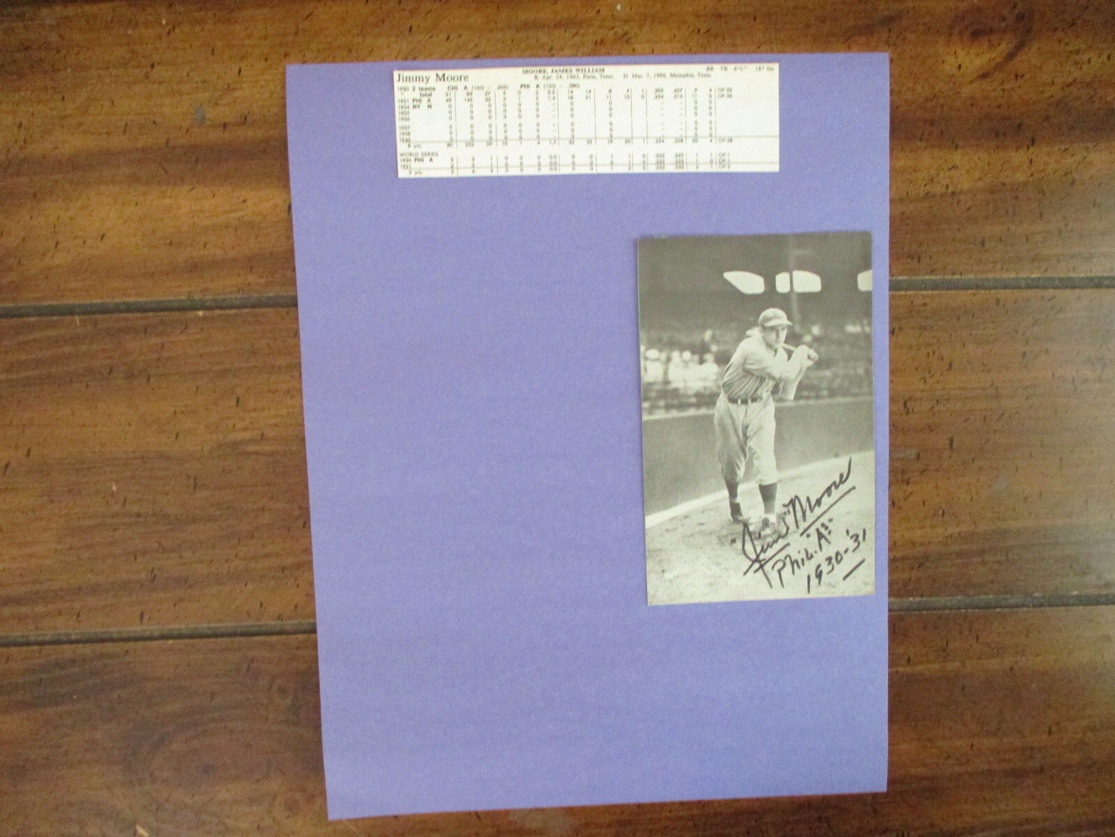JIMMY MOORE(Died in 1986)Signed 3 x 5 Black/White Photo w/8 x 11 Display w/Stats